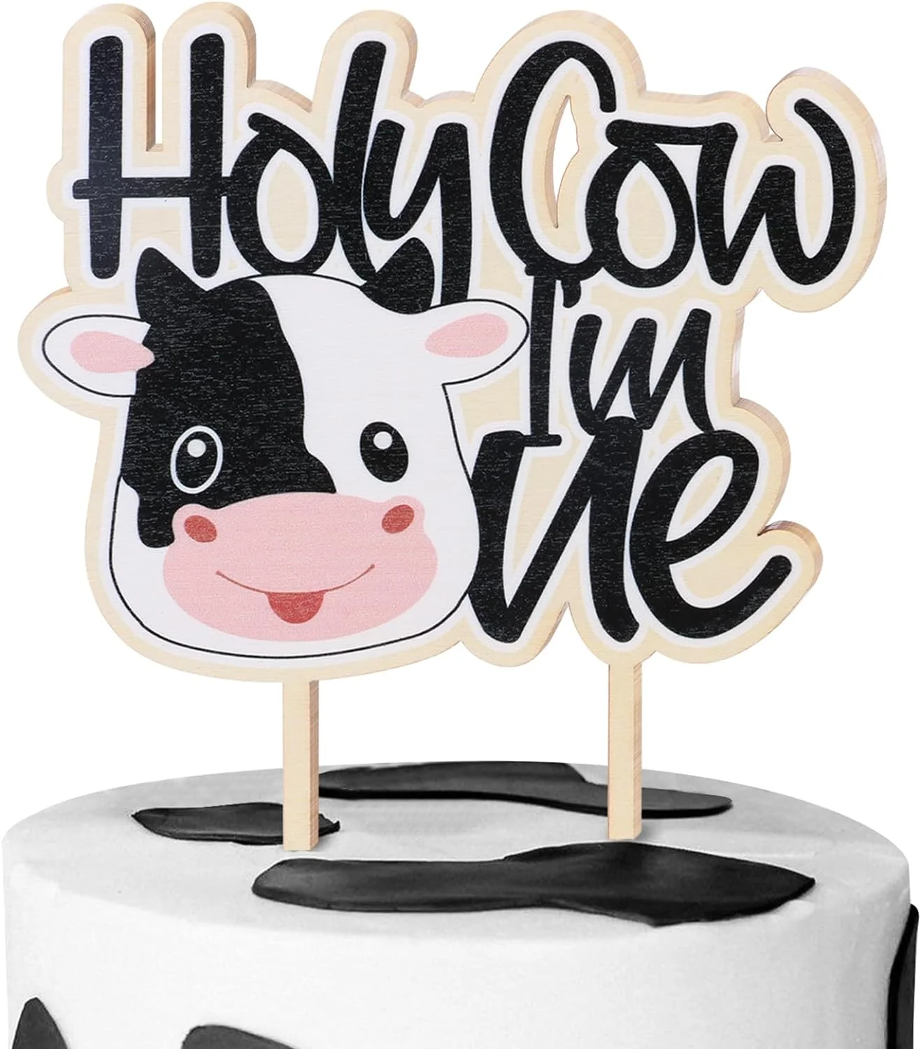 Cow 1st Birthday Wooden Cake Topper, Holy Cow I’m One Cake Picks, Baby Cow Cupcake Decorations Party Supplies Favors