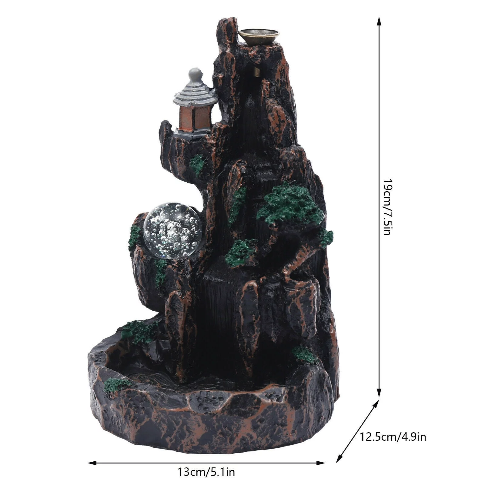 Mountain Shape Incense Fountain Smoke Waterfall Office Home Decor Aromatherapy Artistic Resin Mountain Backflow Incense Burner Holder+Crystal Ball+Sandalwood  Waterfall Smoke Backflow Incense Burner