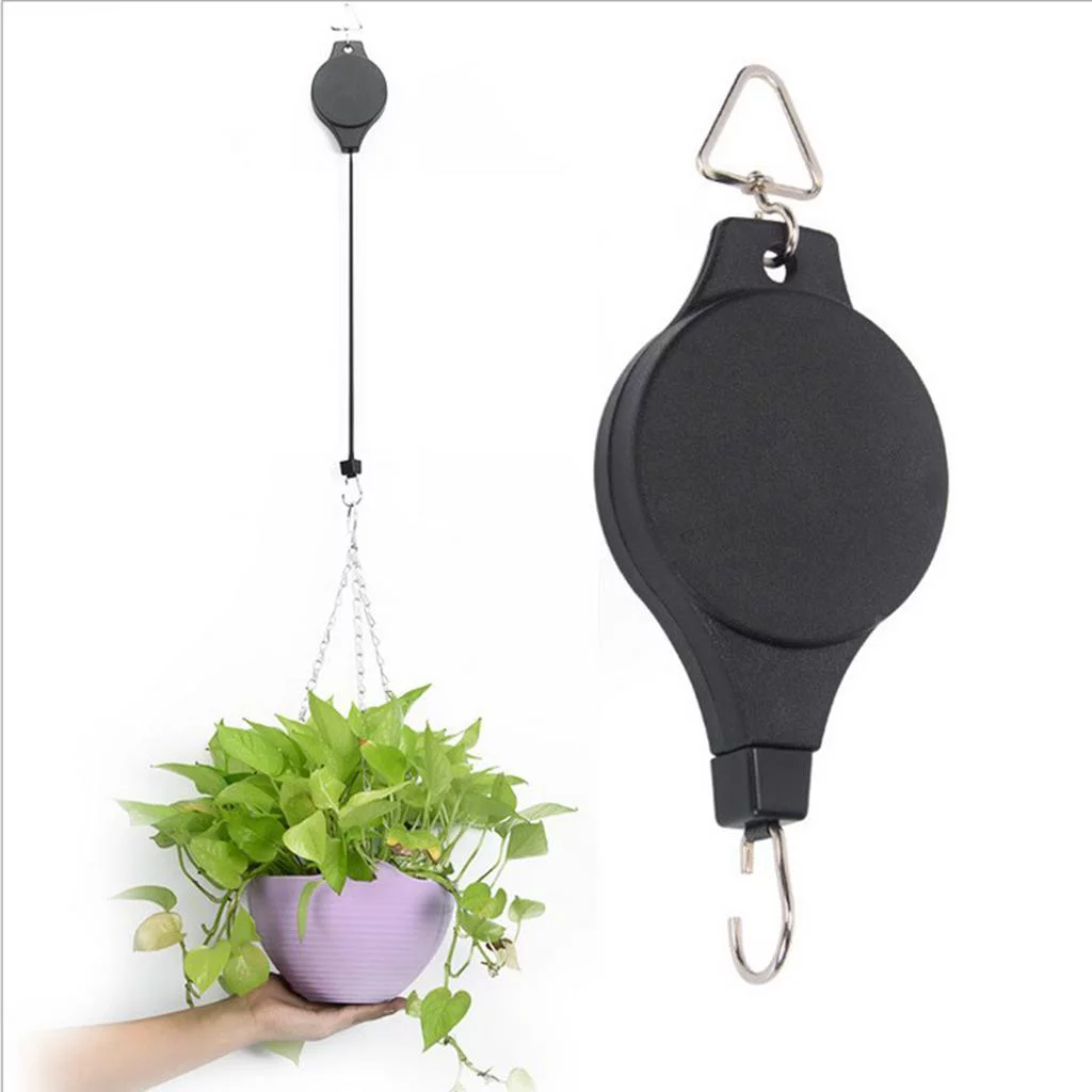Heavy Duty Retractable Pulley Hanging Basket Pull Down Hanger Garden Plant Pots Hook, Holds Up to 15kg/33LBS, Black