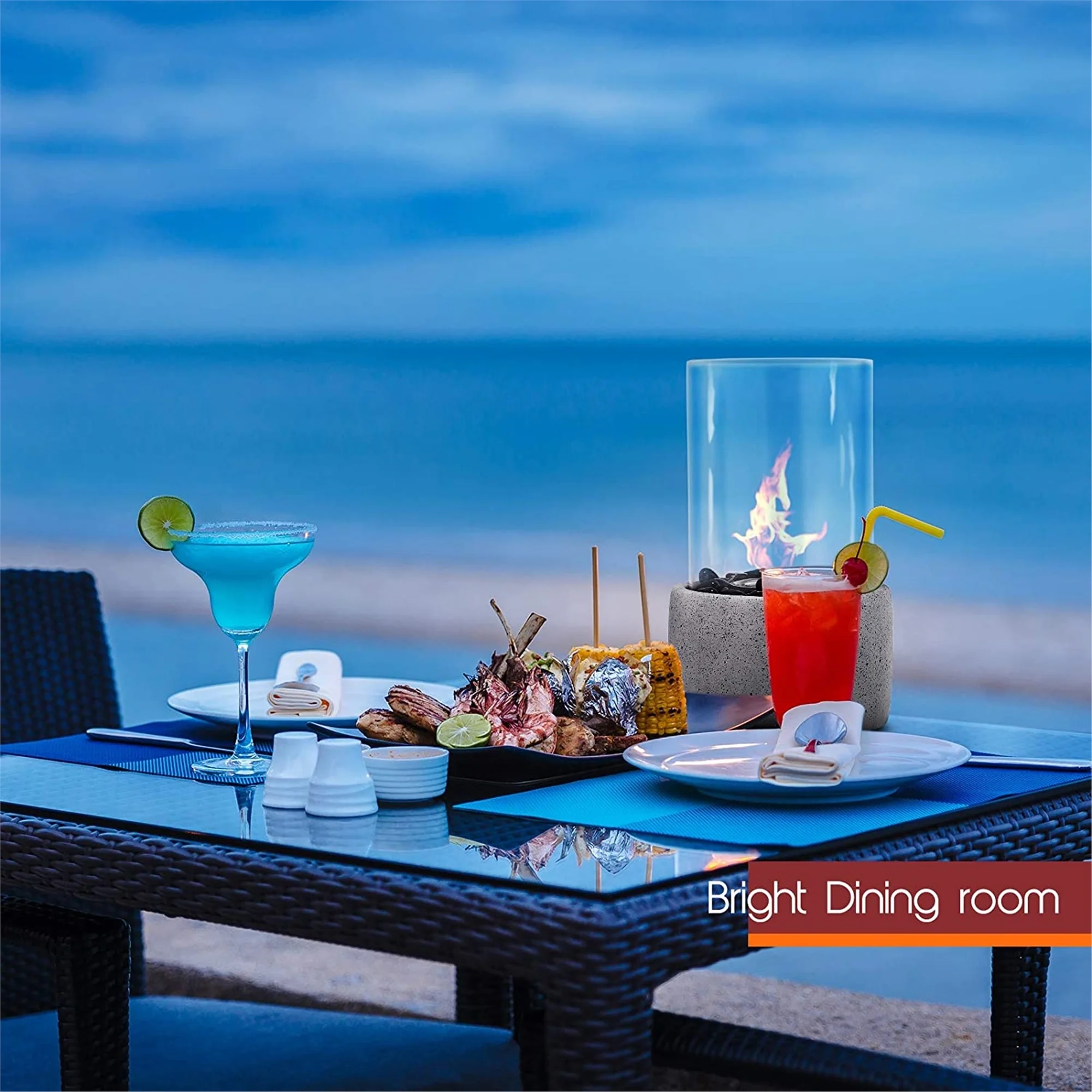 Tabletop Fire Pit, Tabletop Fireplace with Glass Stone, Concrete Material and Windproof Glass Cover,