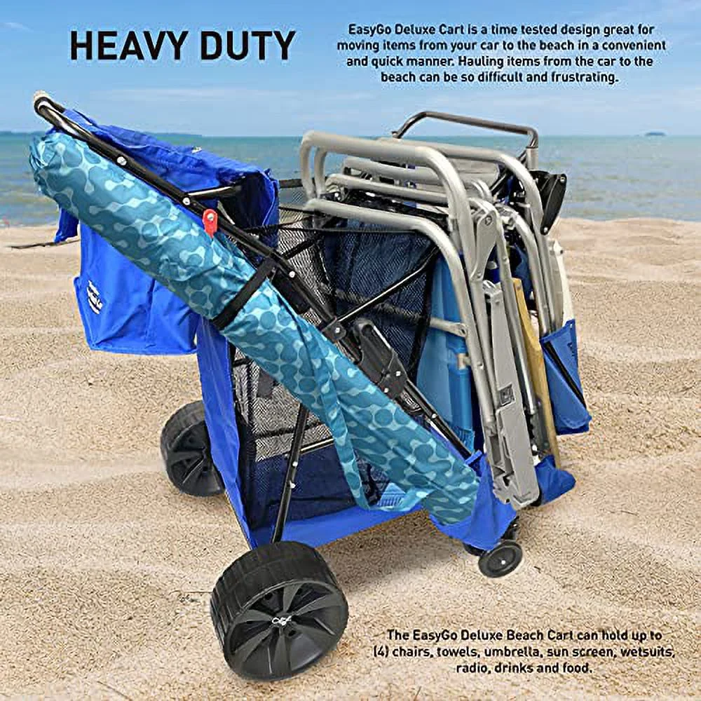 Beach Umbrella Wagon Cart Deluxe – Heavy Duty Folding Ocean Utility Cart – Large Sand Wheels – Holds 4 Beach Chairs – Storage Pouch - Beach Umbrella Holder –Removable Beach Bag - Solid Blue