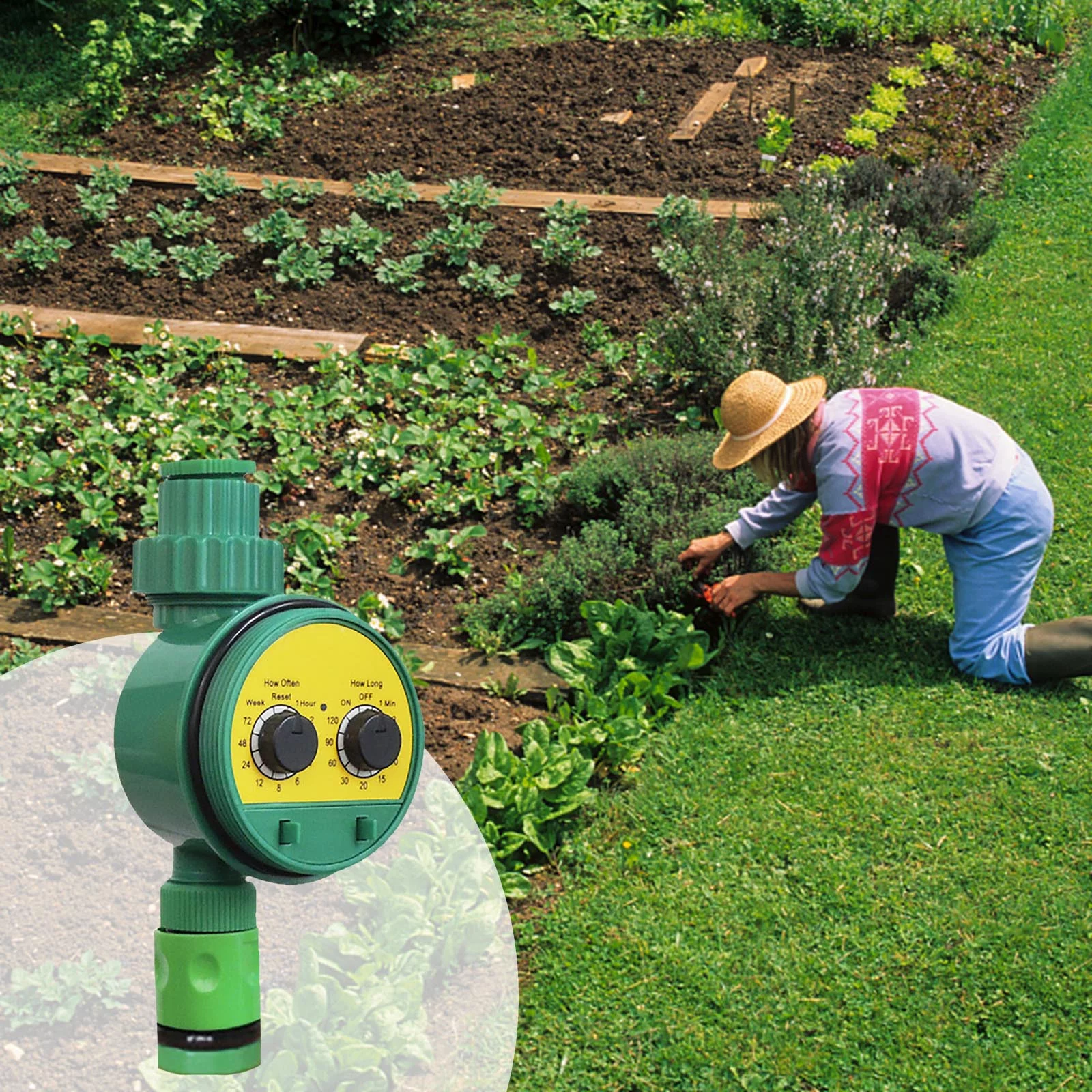 BNNG Auto Watering Timer, Electronic Home Garden Water Timer Knob Type Automatic Irrigation Controller Water Faucet Hose Single Outlet Ball Valve Watering System for Patio Lawn Yard Balcony