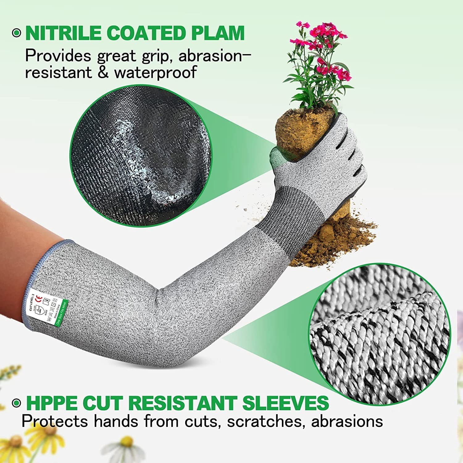 EvridWear Long Gardening Gloves Cut Resistant Sleeves with Anti-slip Nitrile Coated Palm for Gardening and Landscaping