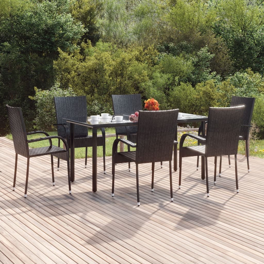 Walmeck 7 Piece Patio Dining Set Black Poly Rattan