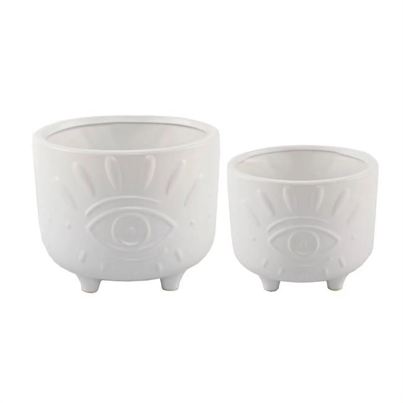Flora Bunda Evil Eye Ceramic Footed Planter,SET OF 2, Matte White