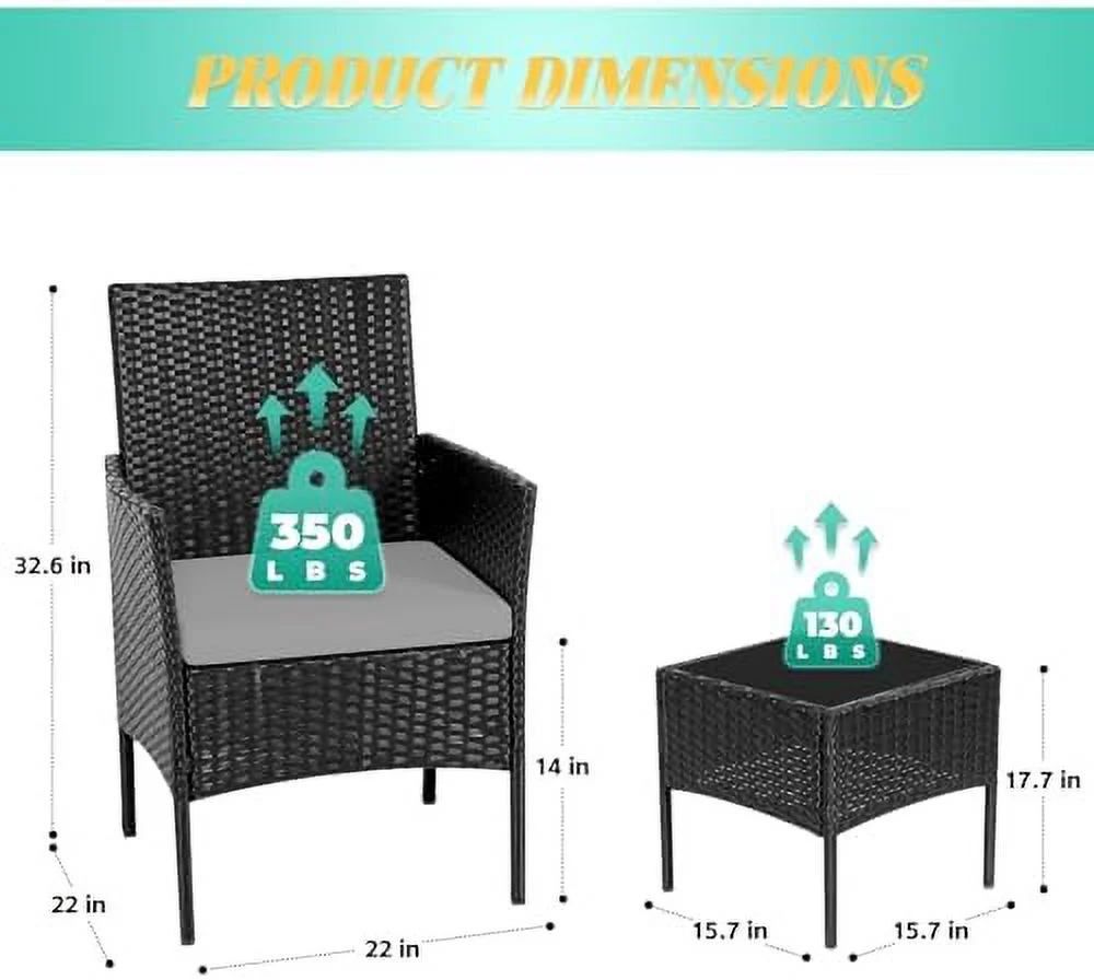 JYHOME 3 Pieces Patio Set Outdoor Wicker  Sets Modern PE Rattan Chair Conversation Sets with Coffee Table for Yard Bistro Porch Balcony (Brown/Red)