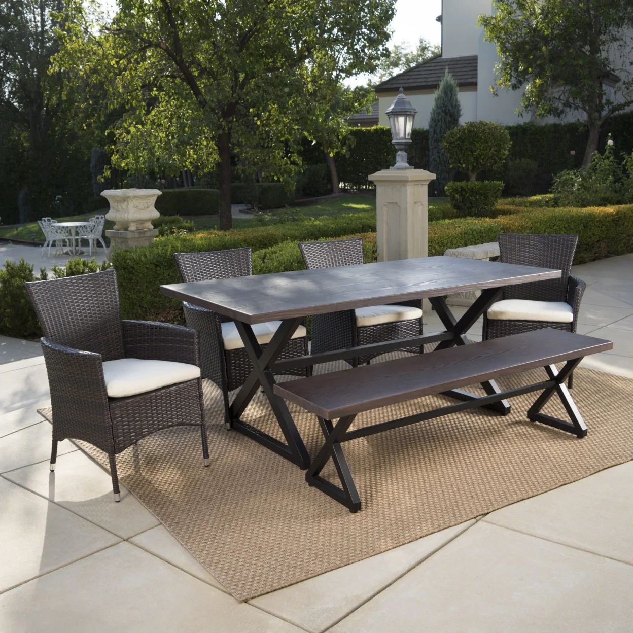 GDF Studio Linhurst Outdoor Wicker and Aluminum 6 Piece Dining Set with Bench, Black, Gray, and Light Gray