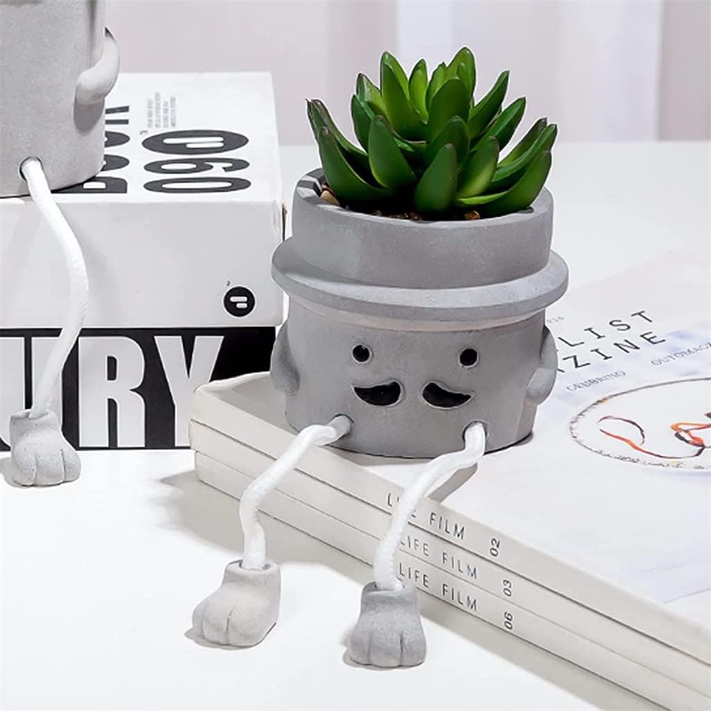 Artificial Potted Plant Fake Plant Cute Hanging Leg Emotional Cement Potted Mini Plants in White Ceramic Pots Decor for Desk Shelf Bedroom Living Room and Office Decoration, 1 Pcs, Beard Pattern