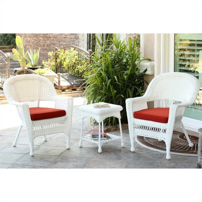 Afuera Living 3 Piece Wicker Conversation Set in White with Red Orange Cushions