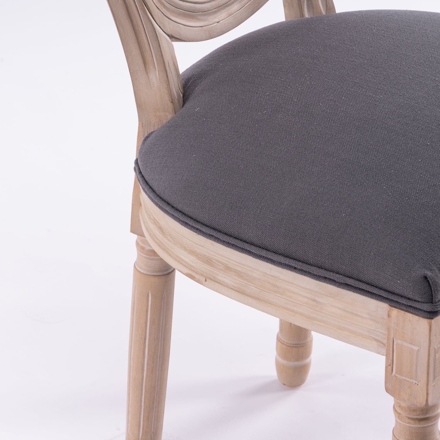 Set of 2 Elegant French Style Gray Linen Fabric Dining Chairs with Solid Wood Frame and Rattan Back