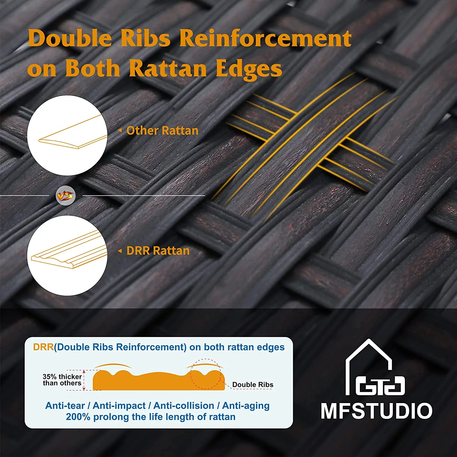 8 Pieces Patio Furniture Set with 45" Plate Embossing Propane Fire Table Outdoor PE Rattan Sectional Sofa Set Patio Gas Fire Pit Conversation Set with Blue Cushions & Glass Table