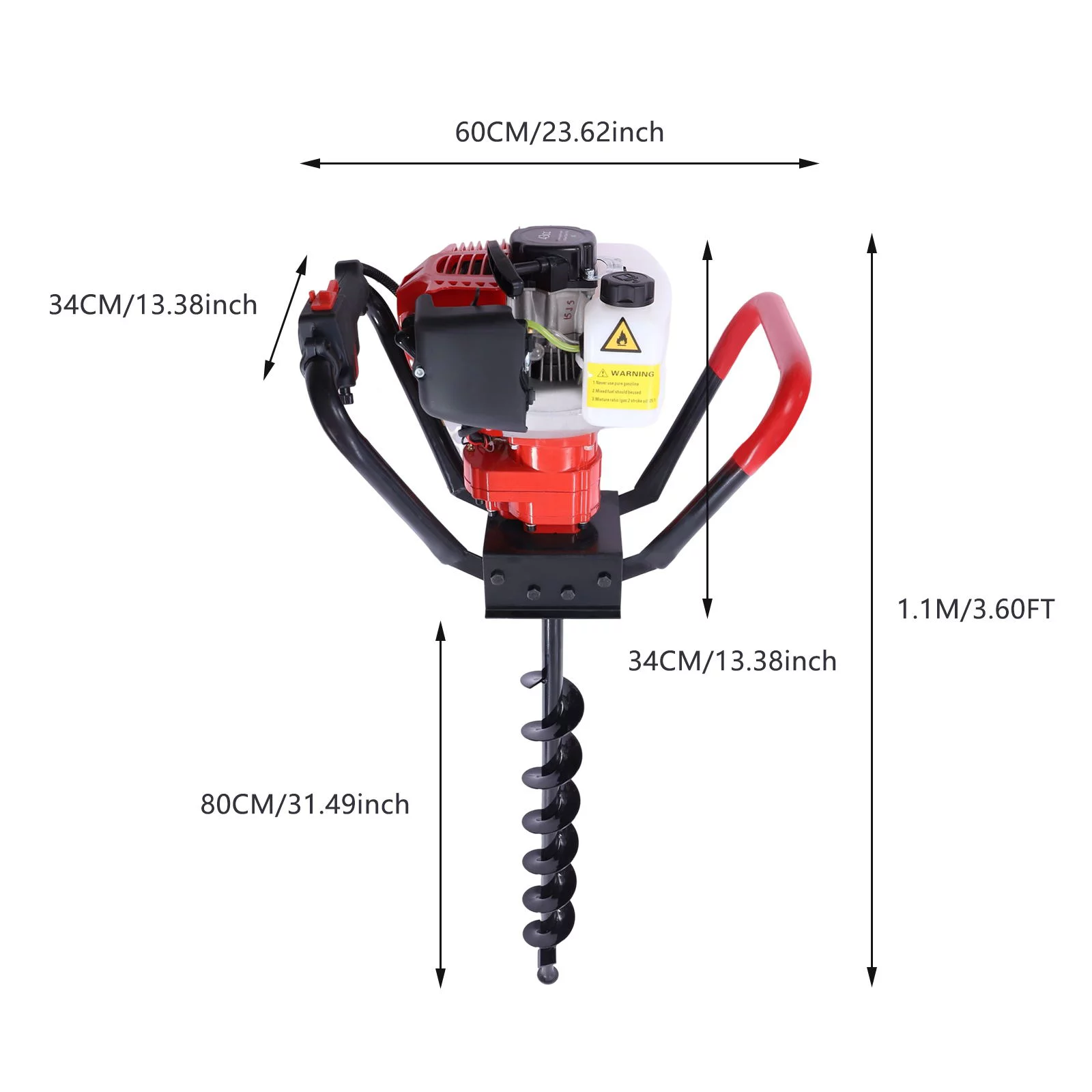 Wuzstar 43cc 1.7HP Gas Powered Post Hole Digger Earth Digger with Earth Auger Drill Bit 8+10+12 Inch