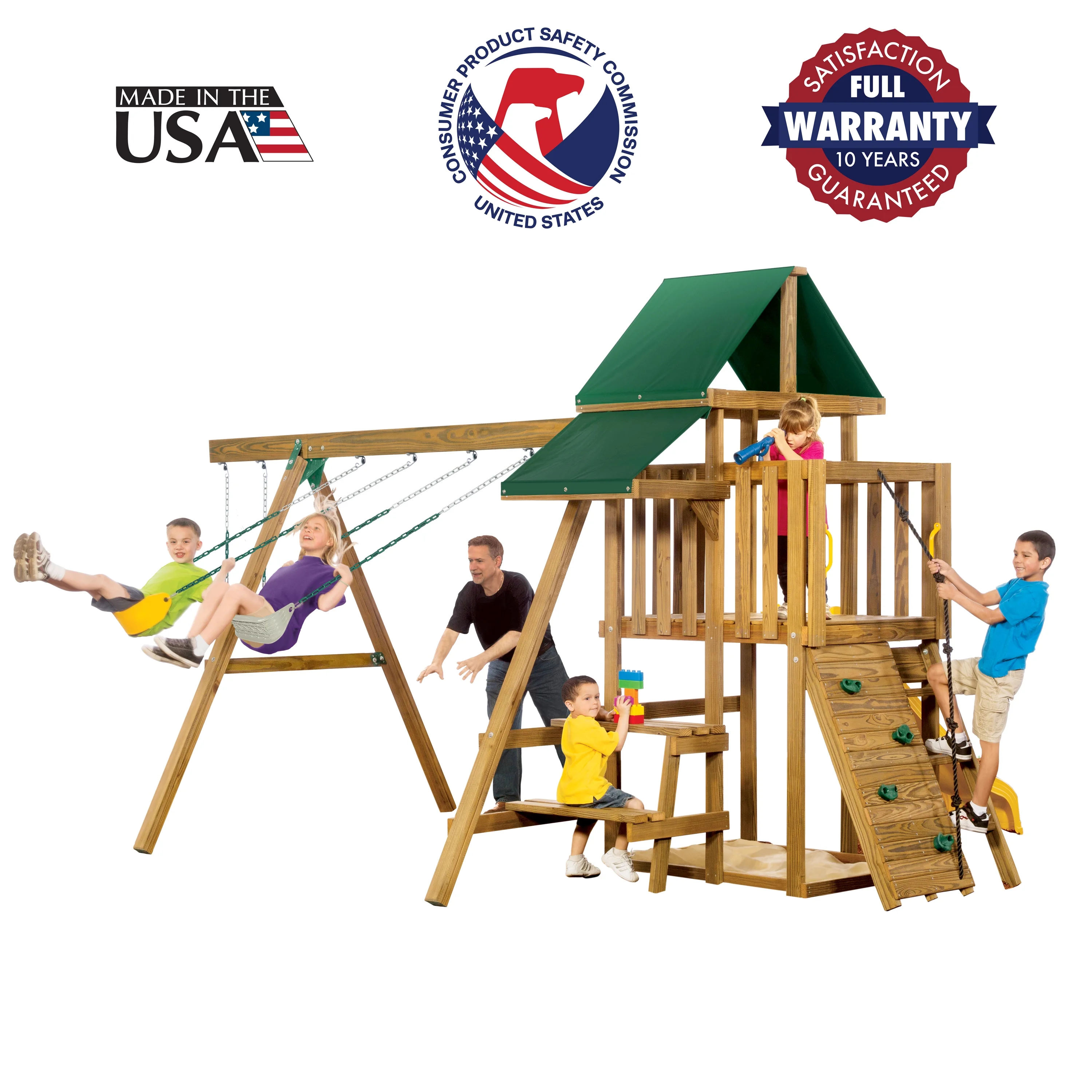 PLAYSTAR VARSITY STARTER SWINGSET (A). INCLUDES SLIDE, ROCK CLIMBING WALL, 2 SWINGS, GYM RINGS, TELESCOPE, & PICNIC TABLE AREA. 9 ACTIVITIES 15X13X10 FT