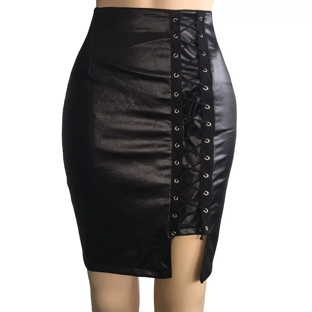 Winter Skater Skirt Women Ladies High Waist And Knee Skirt Bandage Split Sexy Hip Leather Skirt Skirt