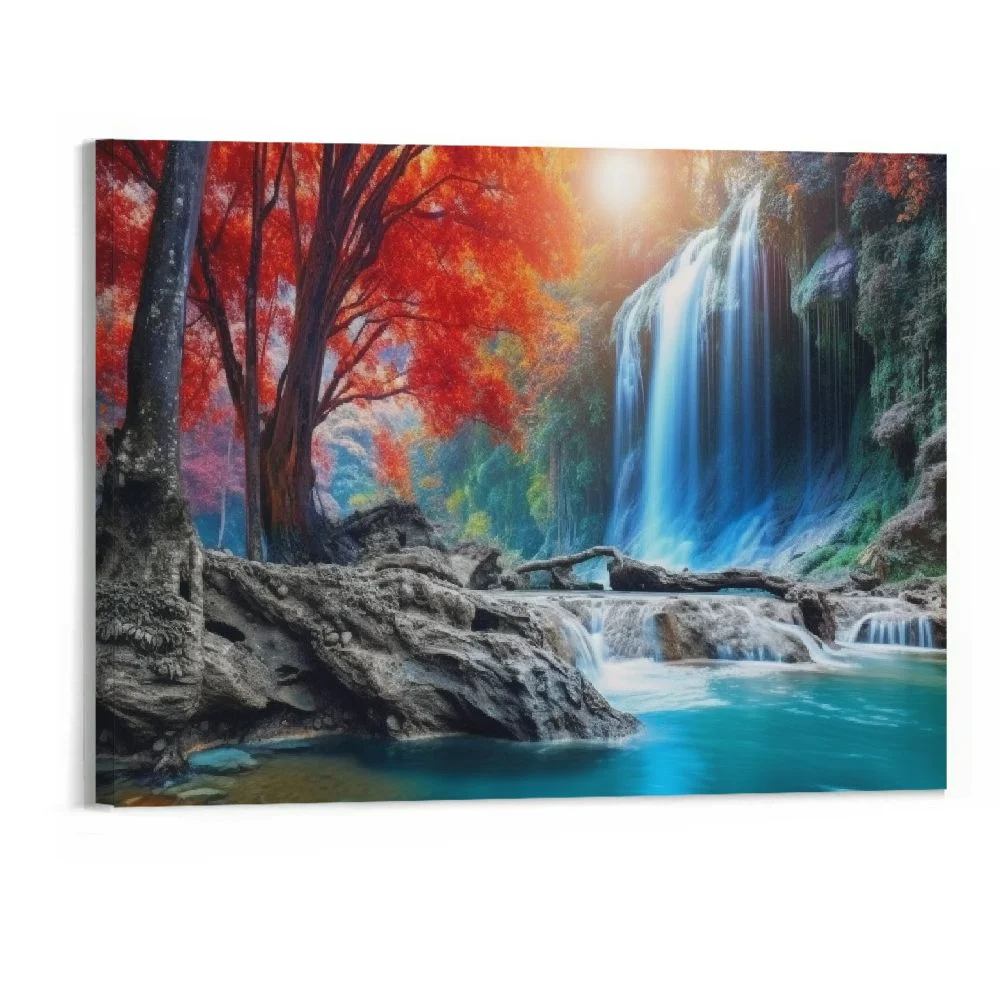 Zhiwo Nature Mountain Waterfall Canvas Wall Art Forest Scenery Picture Decor 20x16”, Red Tree Autumn Sunset River  for Living Room Bedroom Office Home Decoration 20x16in