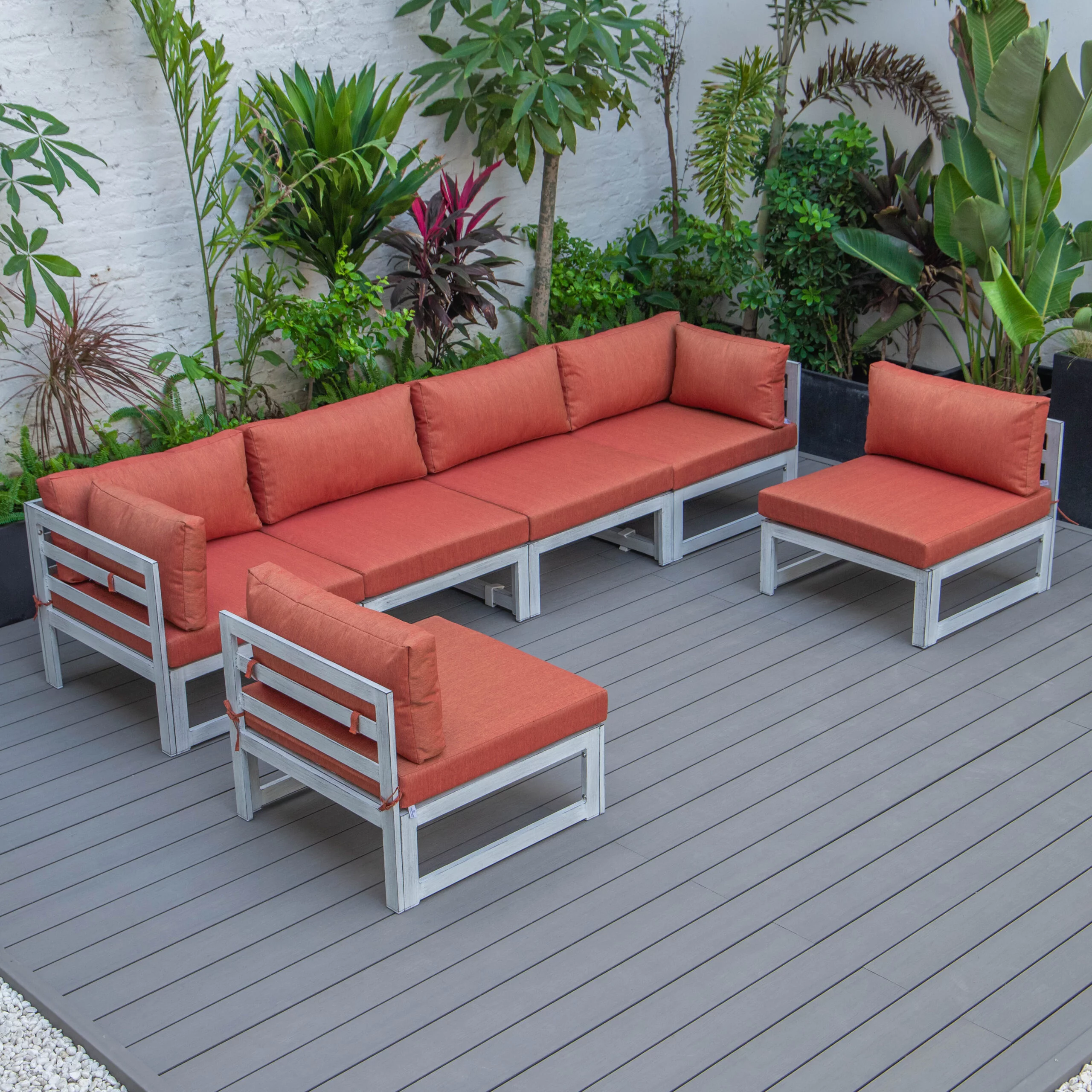 LeisureMod Chelsea 6-Piece Outdoor Patio Sectional Weathered Grey Aluminum With Orange Cushions