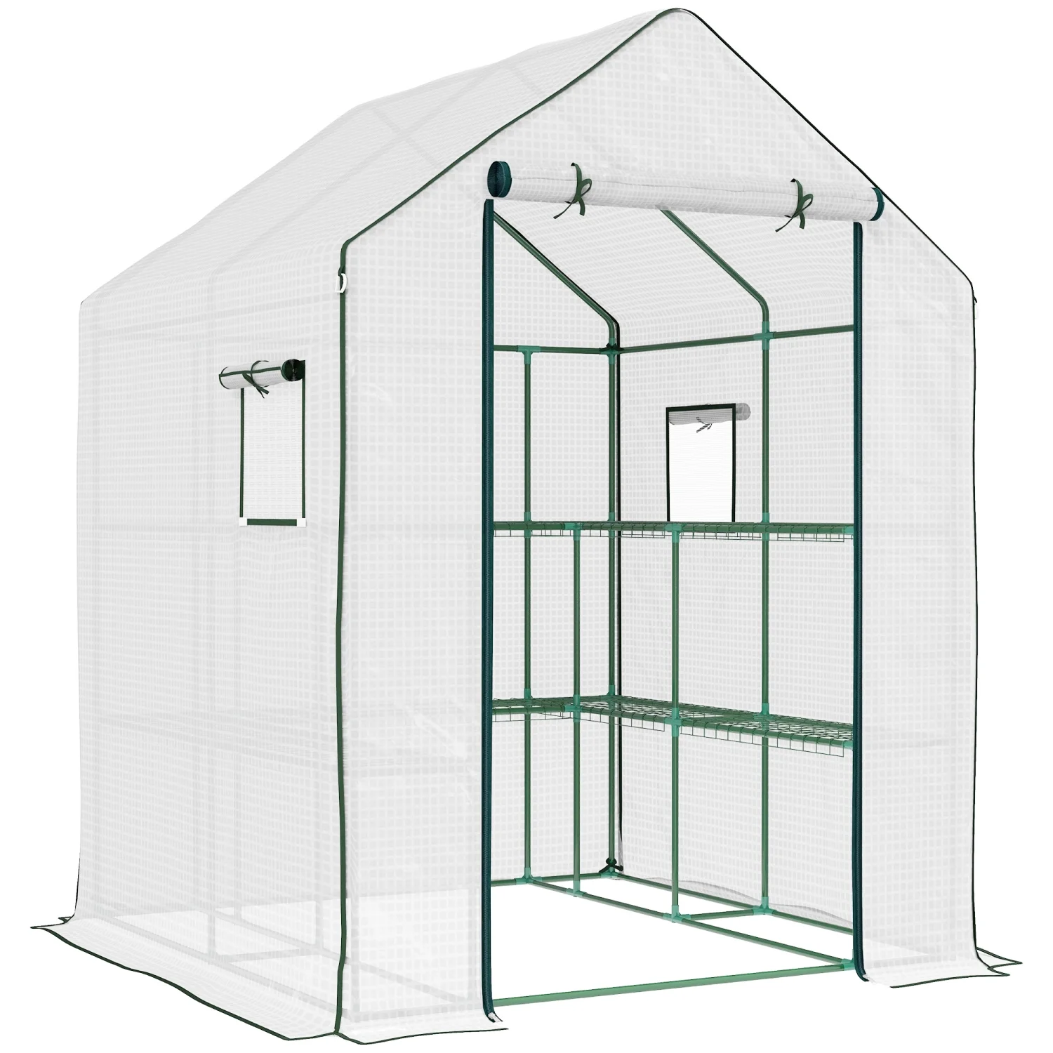 ZJbiubiuHome 4.6‘ x 4.7‘ Portable Greenhouse  Water/UV Resistant Walk-In Small Outdoor Greenhouse with 2 Tier U-Shaped Flower Rack Shelves  Roll Up Door & Windows