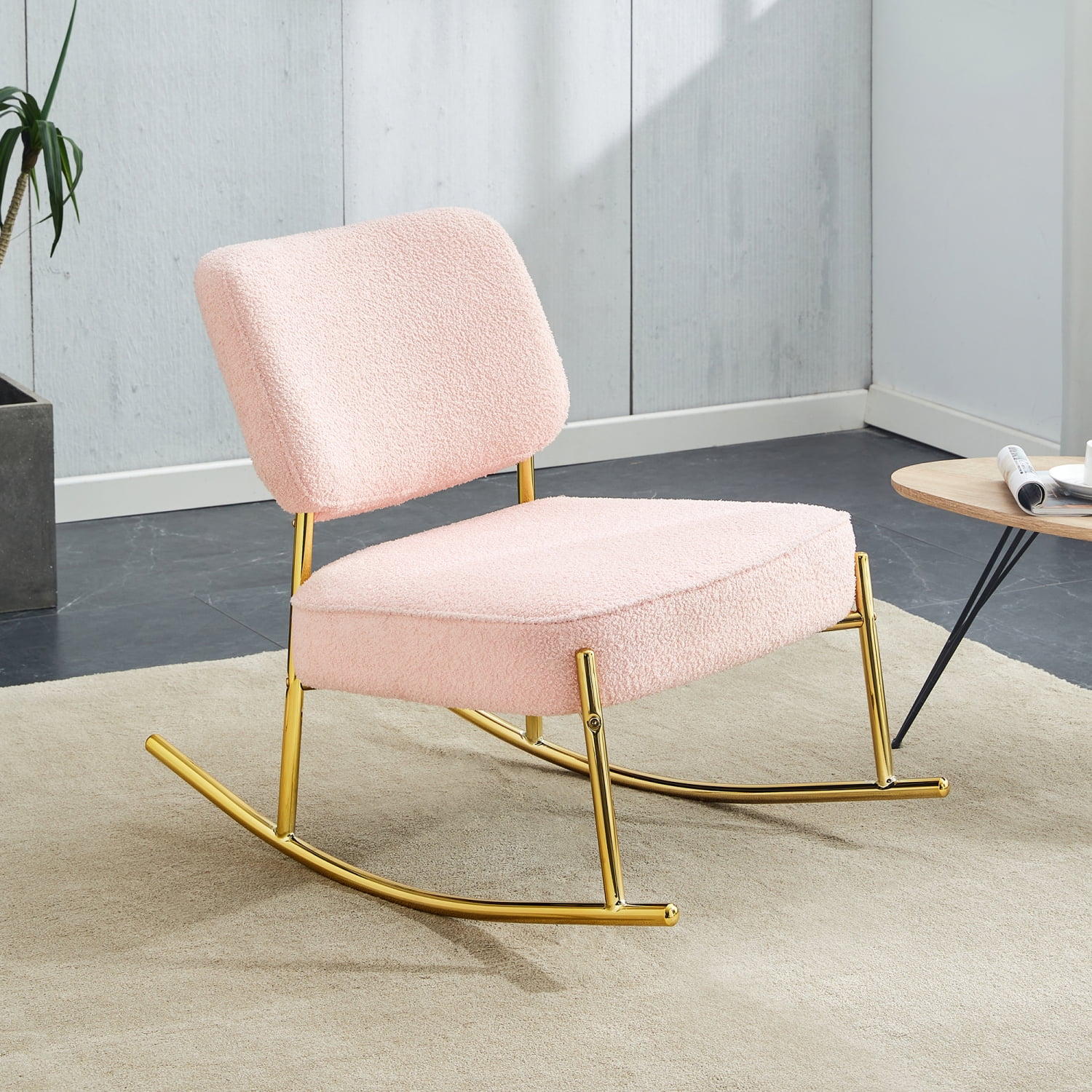 YLtoohoom Teddy velvet  cushioned rocking chair  unique rocking chair  cushioned seat  pink backrest rocking chair  and golden metal legs. Comfortable side chairs in the living room  bedr