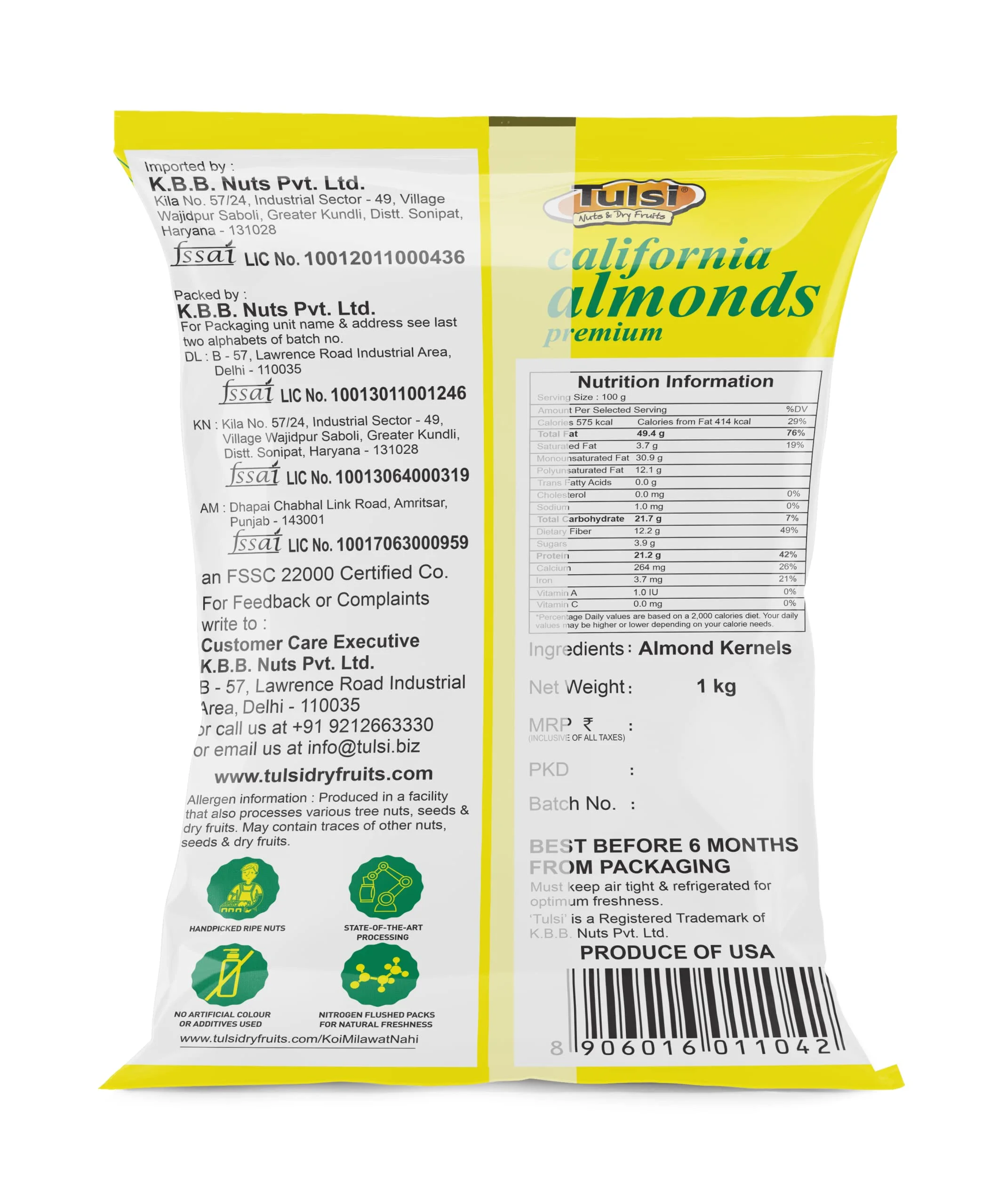 Tulsi California Almonds 1Kg,Raw