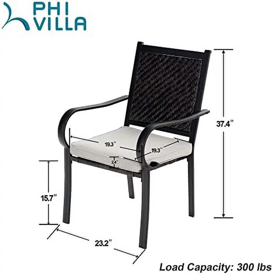 Outdoor Rattan Dining Chairs Set Of 2, Wicker Chairs With Removable Cushion & Metal Frame, For Patio, Deck, Yard, Porch