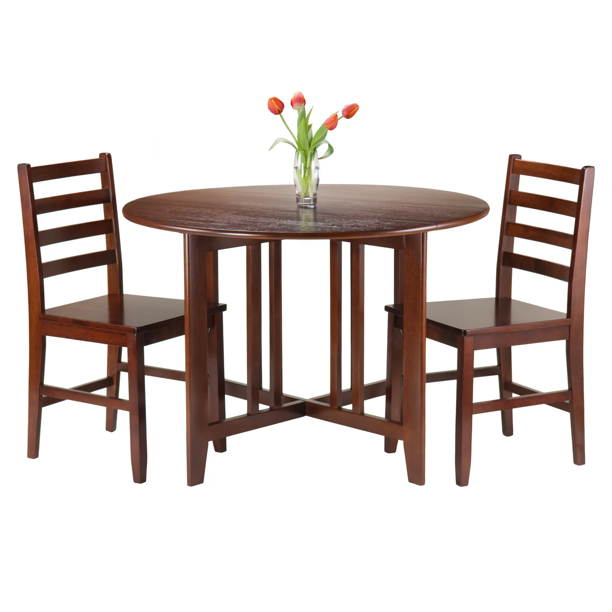 Contemporary Home Living Set of 3 Walnut Finish Solid Wood Round Drop Leaf Table with 2 Ladder Back