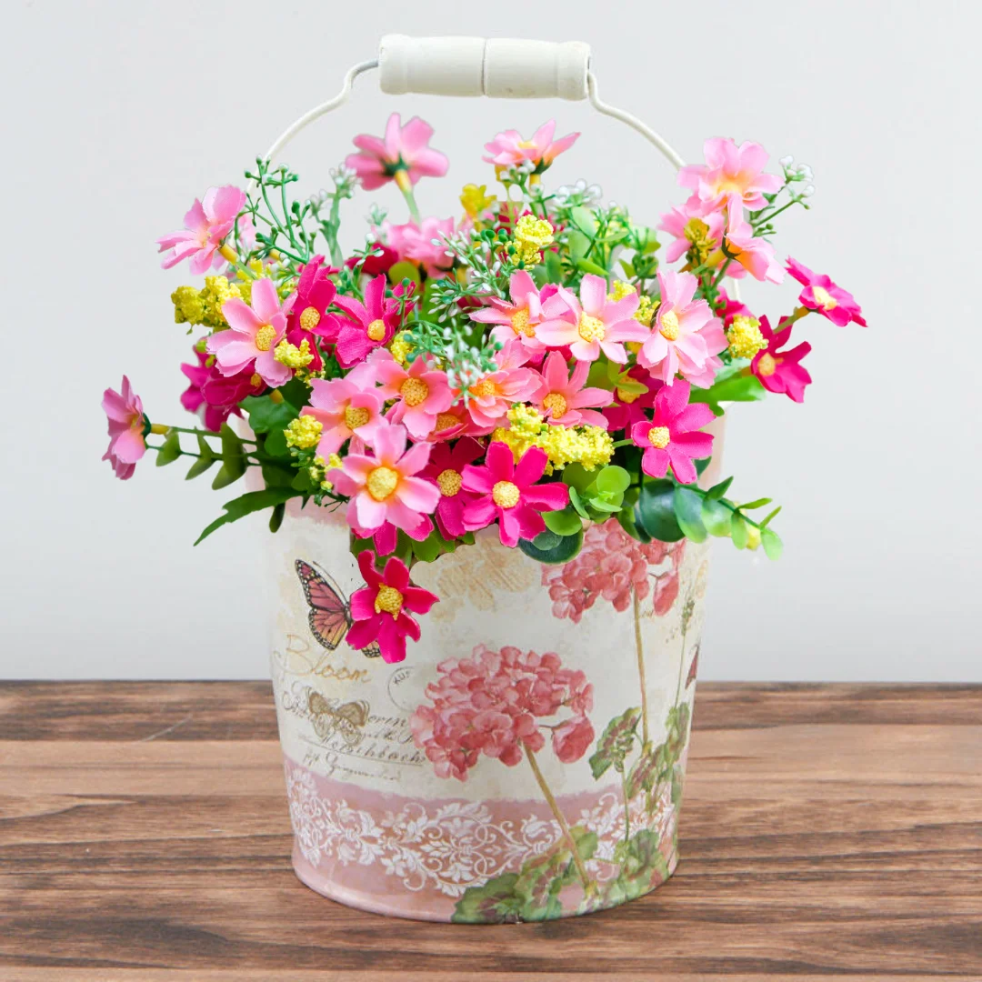 Pink Geranium Print Tin Pail Planter with Handle - For Indoor Spring and Summer Arrangements and Home Decor
