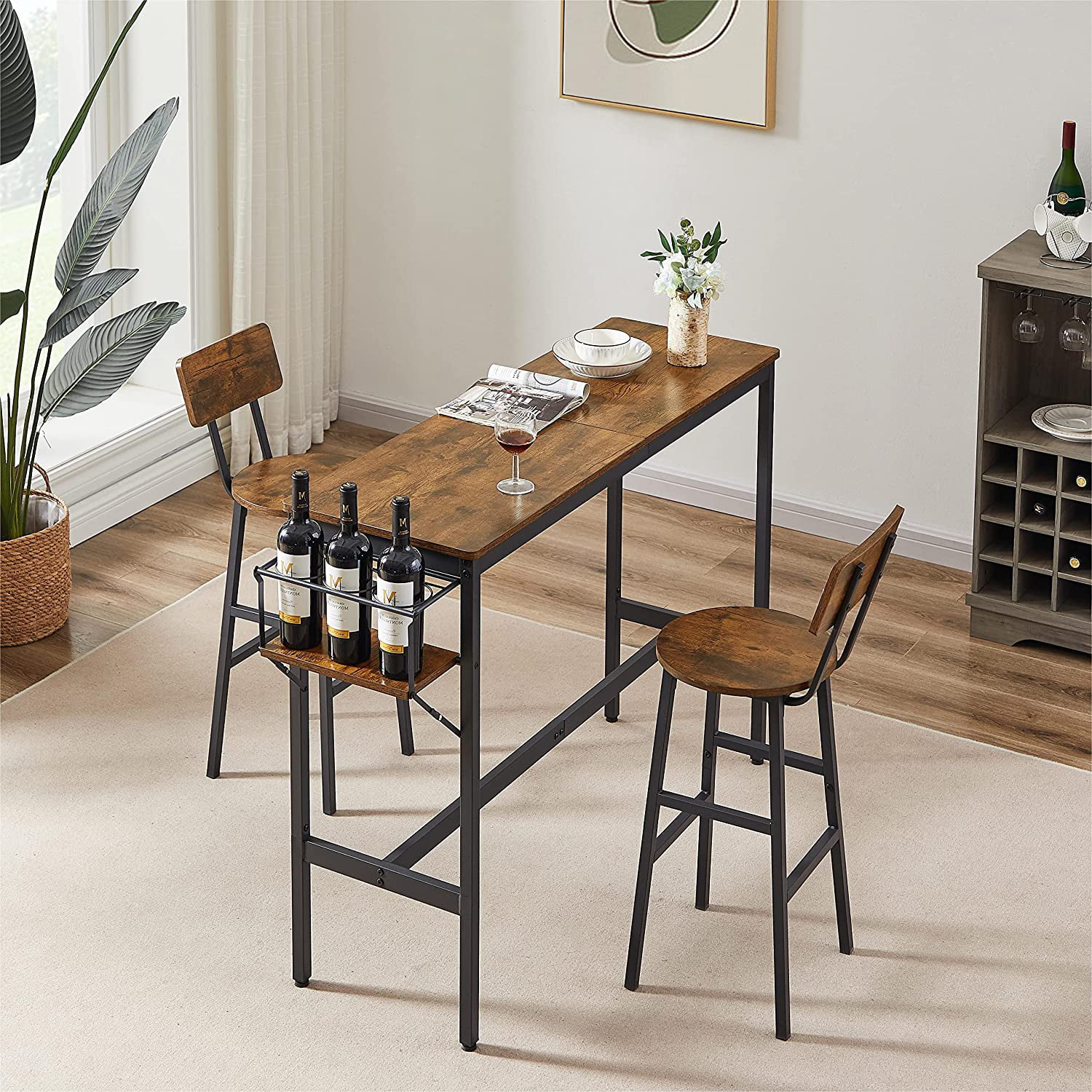 SJUIOK Dining   and Chair Set for 2 Kitchen  Set Pub Bistro Dinning  with Folding Wine Holder and Stools Counter Height Dining  Set for Kitchen  Small Space