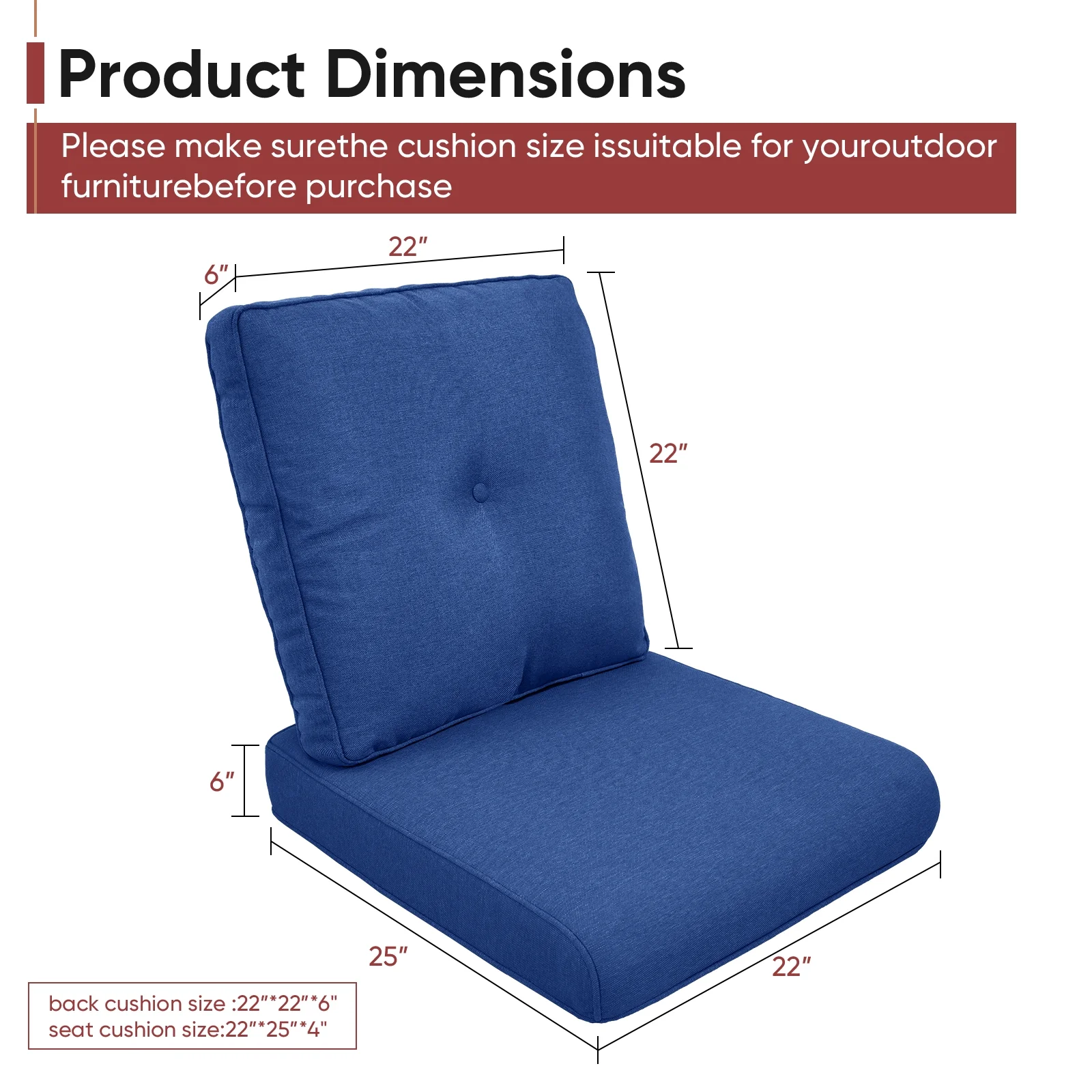 POCASSY 2PCS Outdoor Chair Cushions, Patio Deep Seat Cushions 25 x 21.65, Water Repellant, Fade Resistant, Deep Seat Bottom and Back Cushion for Chair, Sofa, and Couch, Blue