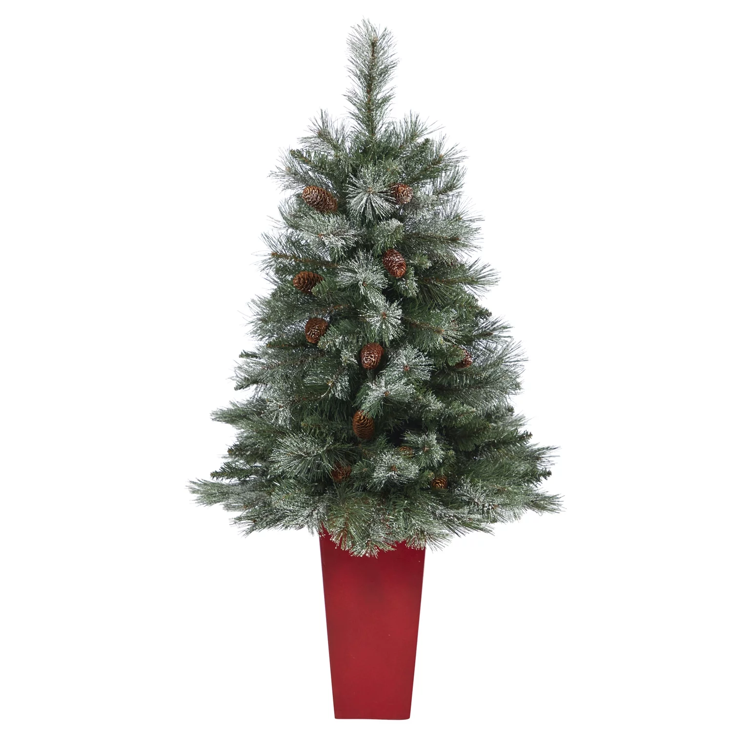 Nearly Natural 44in. Snowed French Alps Mountain Pine Artificial Christmas Tree with 135 Bendable Branches and Pine Cones in Red Planter