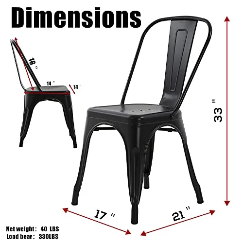 Dining Chairs, Metal Chairs Set of 4 Stackable 18 Inches Height Dining Room Chair with High Backrest for Kitchen Patio Restaurant Indoor Outdoor (Black)
