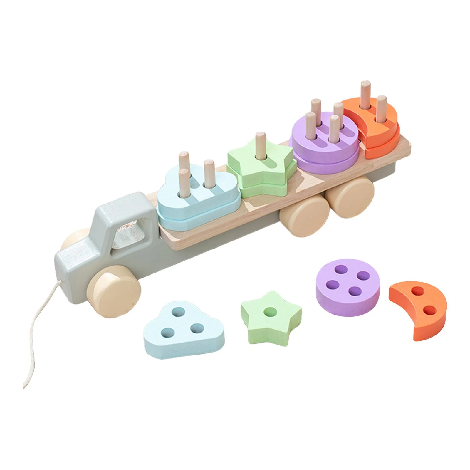 Rushawy Montessori Toy Building Set Playing Creative Activities Funny Wooden Trailer Toy Four Pillar Car