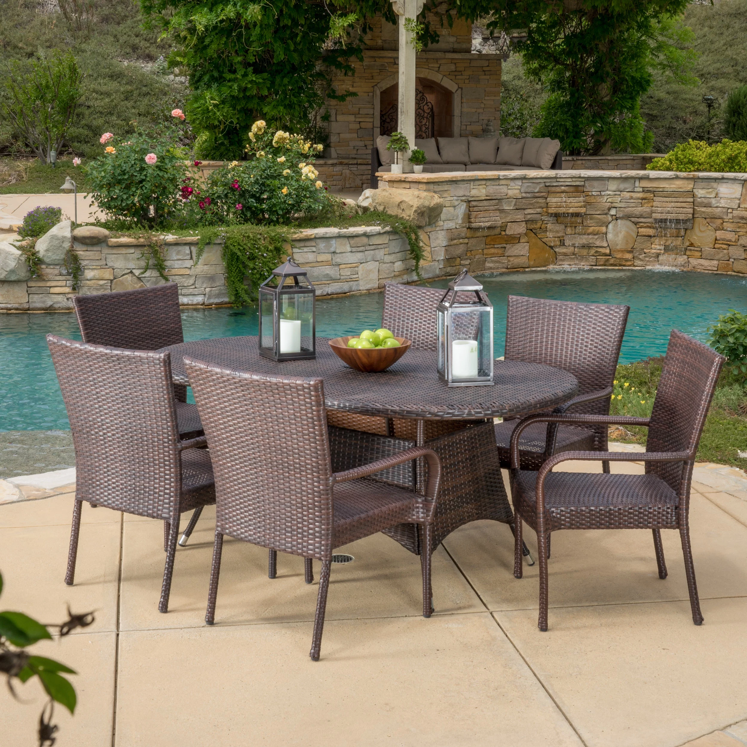 Amelia 7 Piece Outdoor Oblong Wicker Dining Set, Multibrown