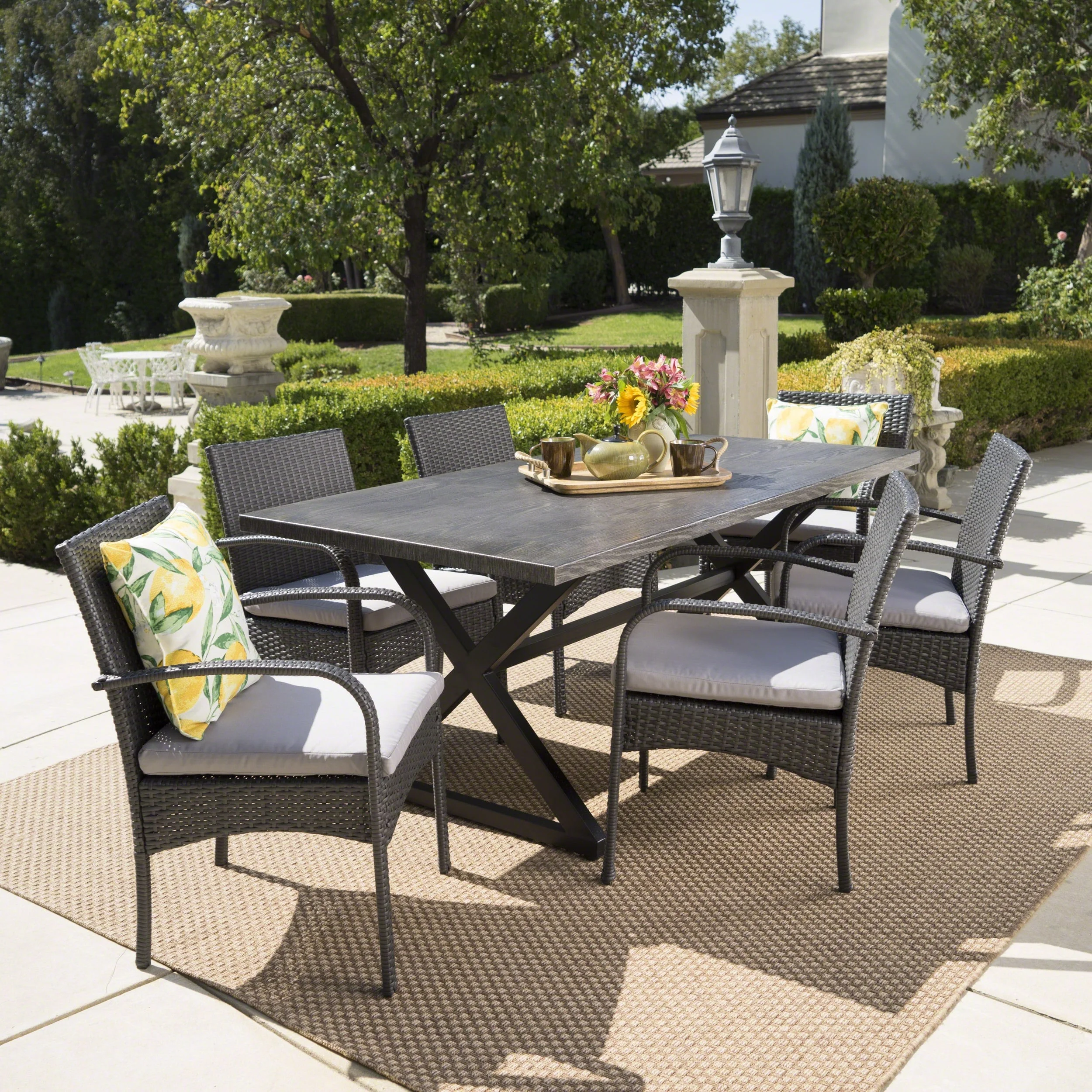 Christopher Knight Home Ashworth Outdoor 7-piece Rectangular Wicker Aluminum Dining Set with Cushions by  - N/A Grey