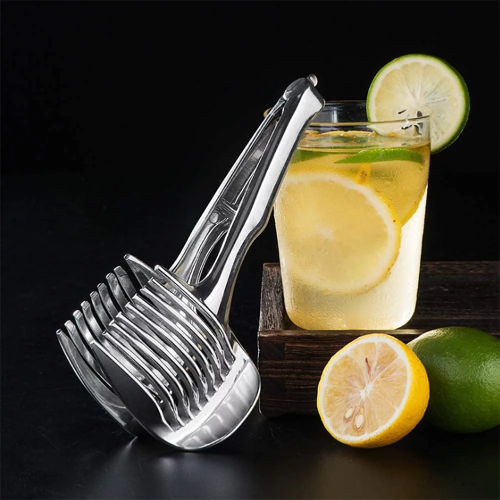 Tomato Slicer Lemon Cutter Holder Aluminum Alloy Easy Slicing Round Fruits Kiwi Lime Vegetables Onion Potato Cutter Guide Tongs with Handle Kitchen Cutting Aid Holder Tool