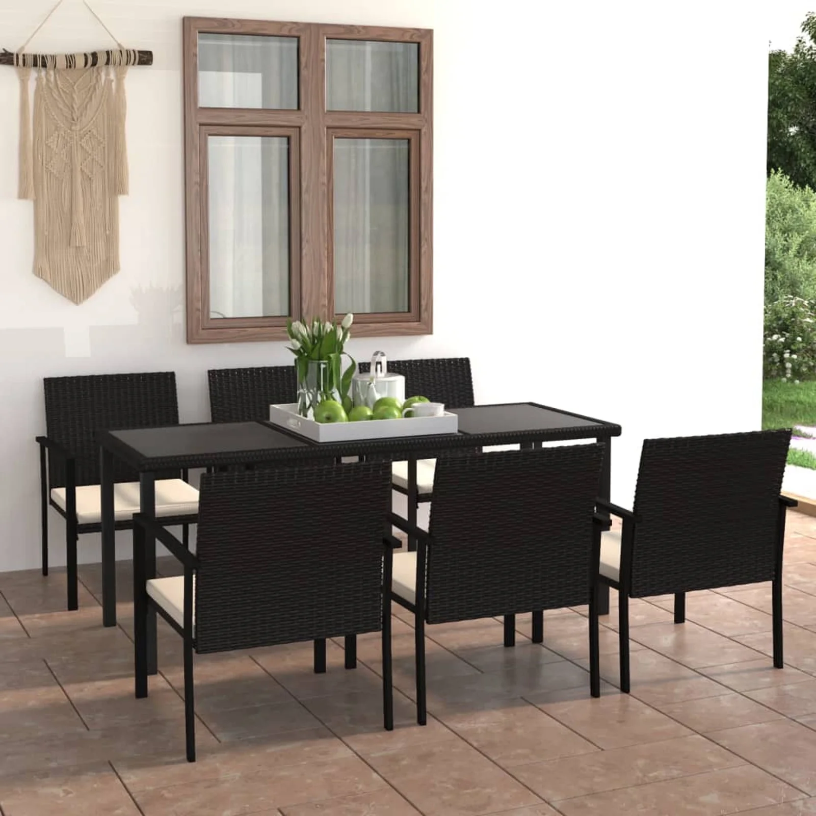 Walmeck 7 Piece Patio Dining Set Poly Rattan Black
