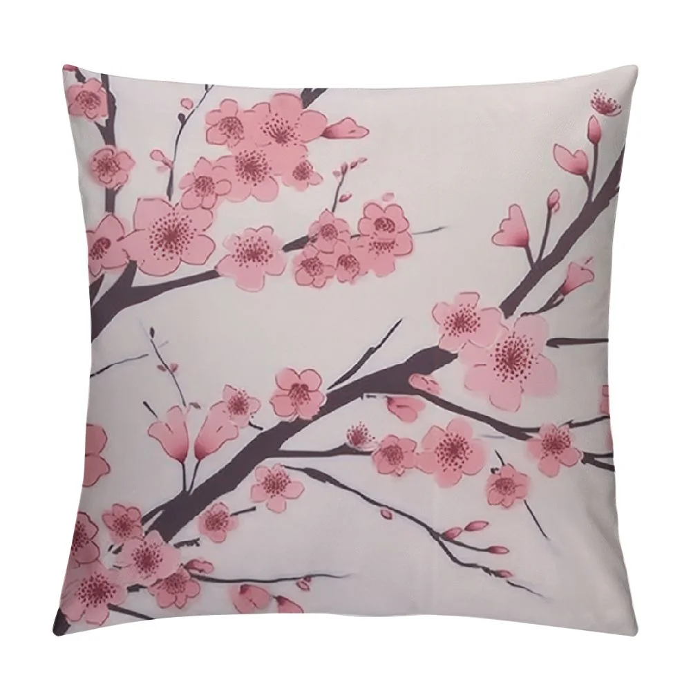 Chilfamy  Flower Pink Plum Decorative Pillow Covers,Pink Cherry Blossom Flower Double Sided Throw Pillow Covers Sofa Cushion Cover Square