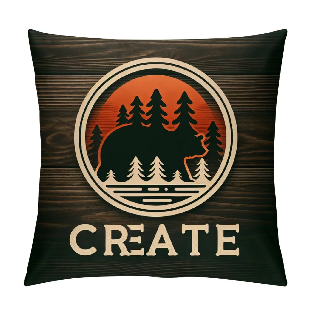 PINGXIXI Lodge Cabin Pillow Cover Bear Silhouette Pine Tree Wood Stripe Pillow Case for Bed Couch Office Wild Animal Vintage Rustic Style Cushion Cover for Kids Teens Adults