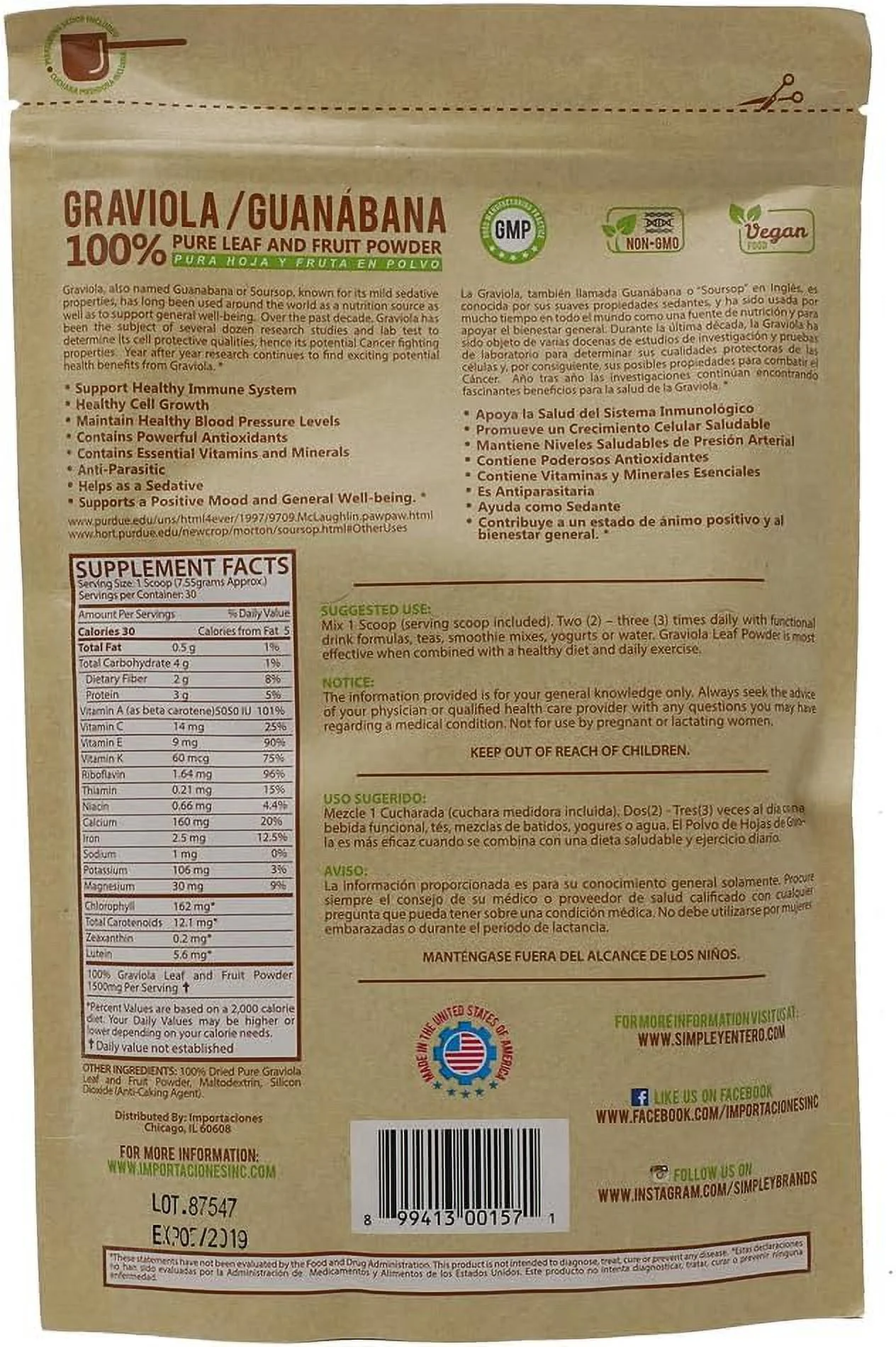 Simple y Entero Graviola/Guanabana, 100% Pure Leaf Powder, Helps You Boost Your Immune System, Vegan, 8 Oz, Bag