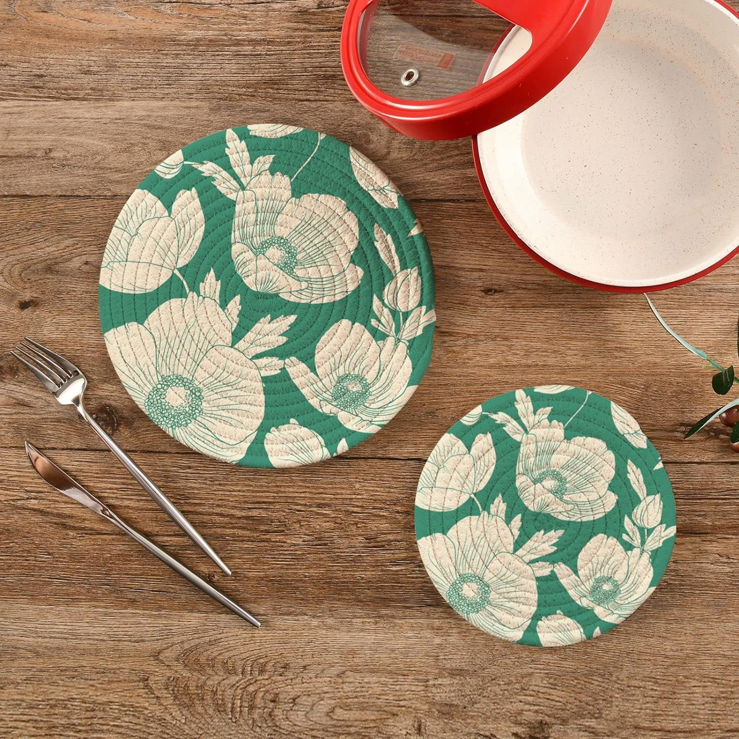 GZHJMY Hellebore Poppy Flowers Print Round Cotton Rope Pot Holder for Kitchen Counter Trivets, Set of 2 Hot Pads for Table