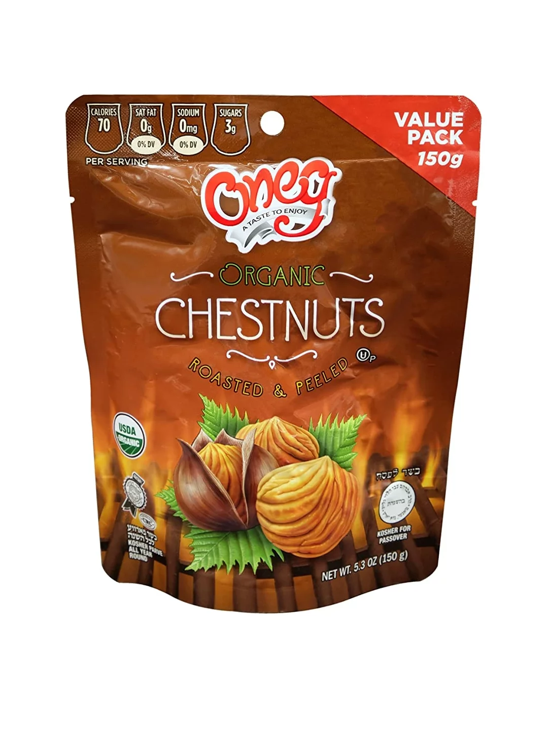Oneg Organic Whole Chestnut Roasted and Peeled Chestnuts Kosher for Passover, 5.3 oz (pack of 3).