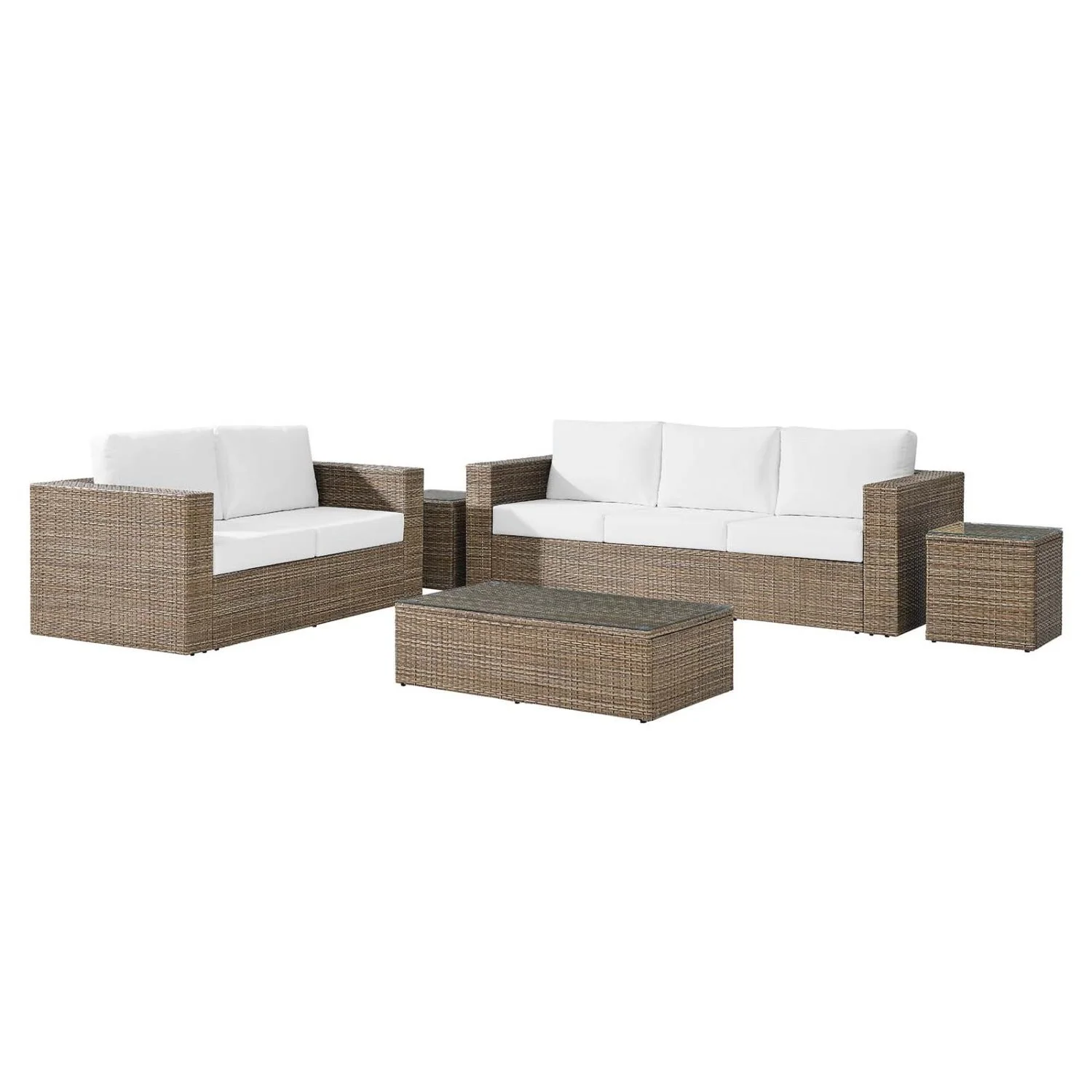 Lounge Sectional Sofa Table Set, White, Rattan, Wicker, Outdoor Patio Balcony Cafe Bistro Garden Hospitality Restaurant, Modern Contemporary HB34708