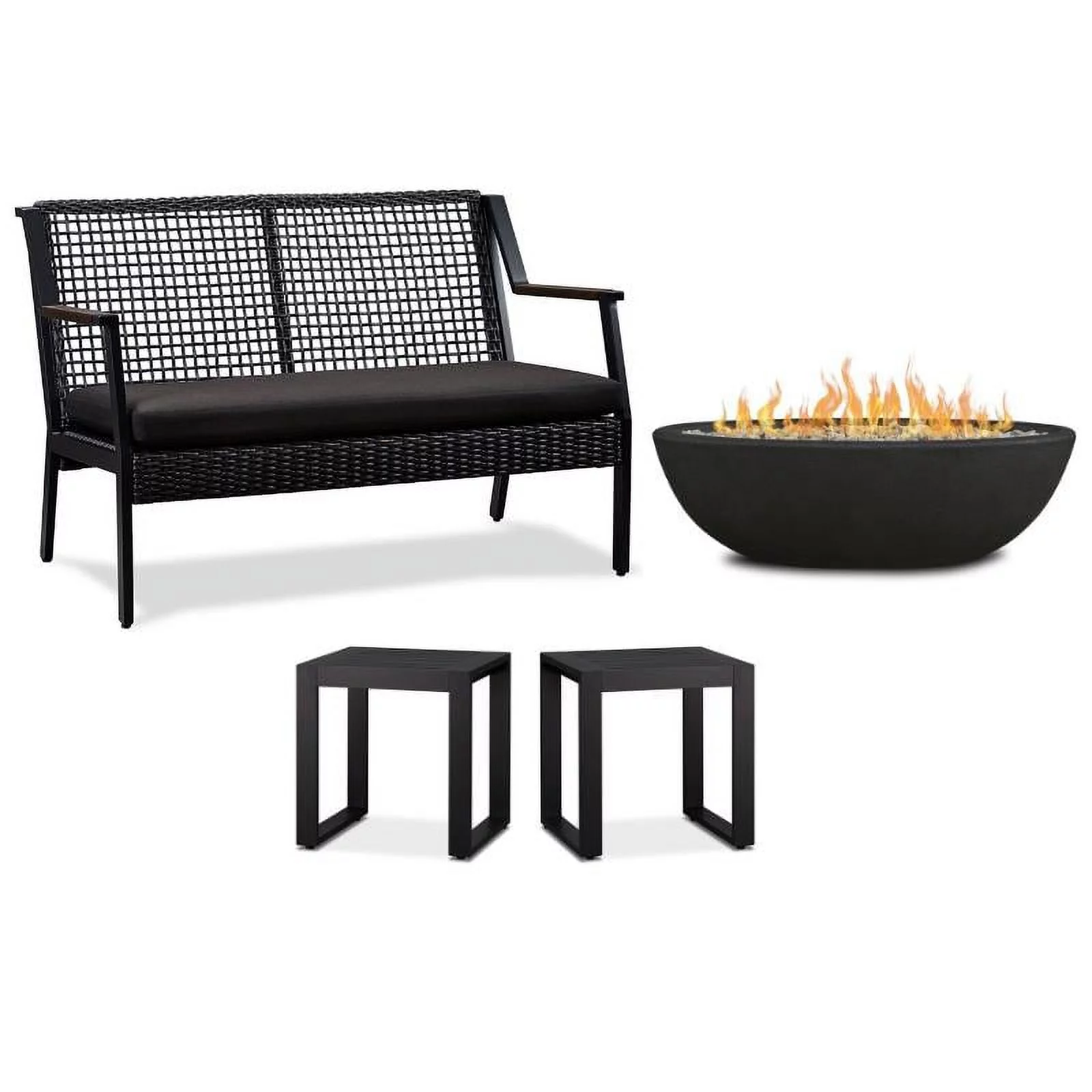 Home Square 4 Piece Set with Oval Fire Bowl Patio Loveseat & 2 End Tables