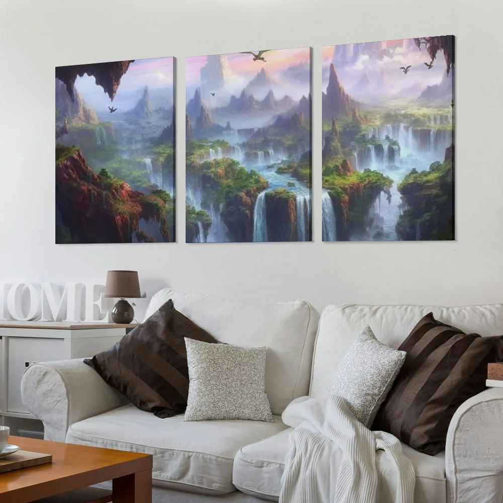 Jiayy Waterfall Rainbow Birds Art Wall Decor Oil Painting 12x16in x3 Print On Canvas 12x16x3pcs