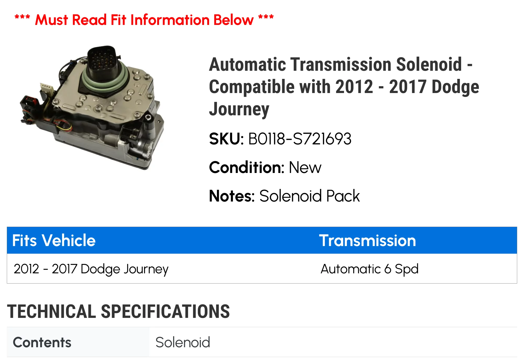 Automatic Transmission Solenoid - Compatible with 2012 - 2017 Dodge Journey 2013 2014 2015 2016