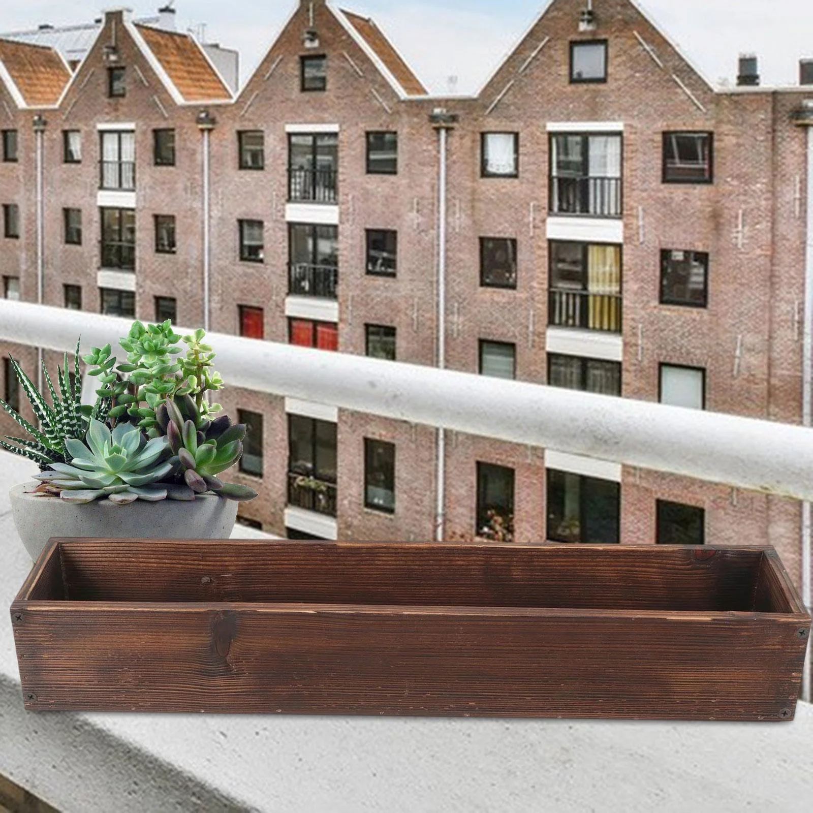 koolsoo Rustic Wooden Flower Box Plant Container Novelty Wood Planter Box Decorative Wood Vase for Office Patio Home Windowsill Shelf L