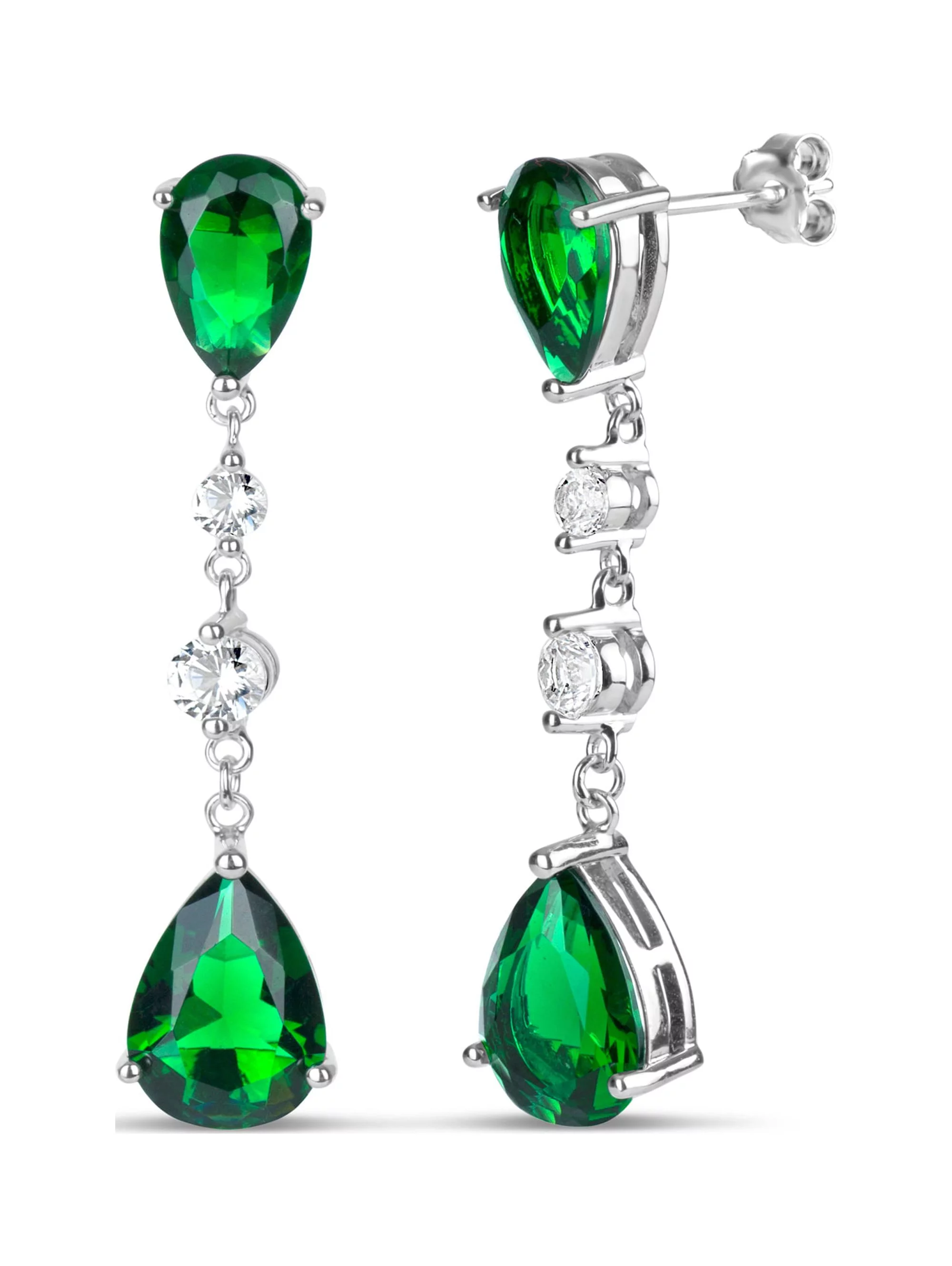 Created Emerald and Created White Sapphire Pear- and Round-Shape Sterling Silver Dangle Post Earrings