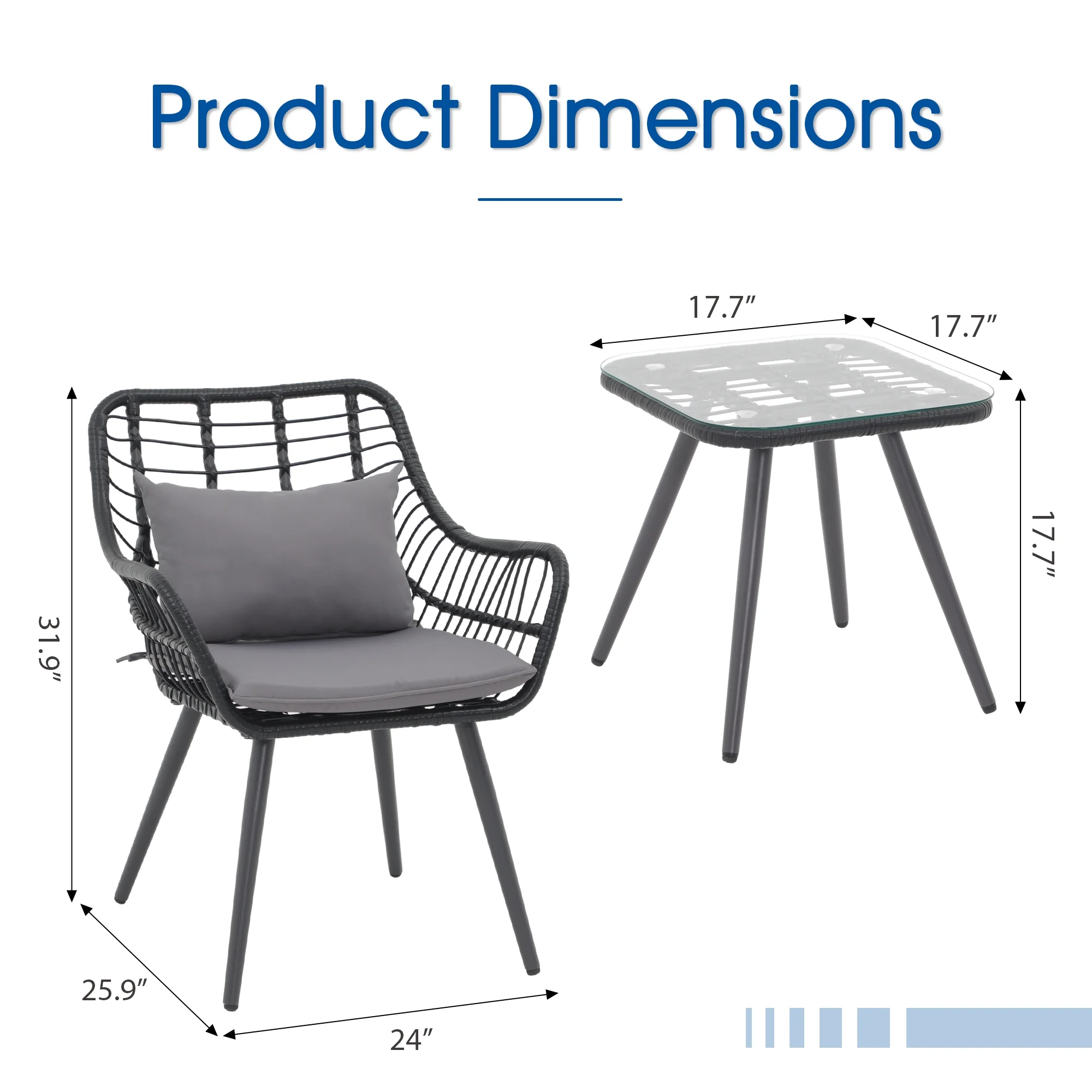 3 Piece Patio Furniture Set, Outdoor Wicker Conversation Chair Sets, All-Weather Rattan Bistro Set with Glass Top Table, Cushions & Lumbar Pillows for Front Porch, Balcony, Deck, Backyard, Poolside