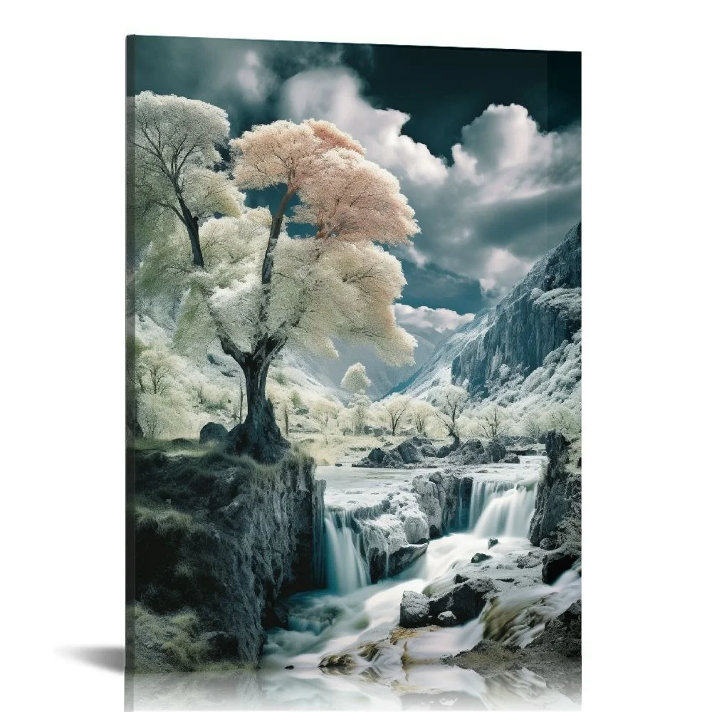 COMIO Nature Landscape Canvas Wall-Art for Living Room - Waterfall Pictures for Wall - Blue Tree Wall Decor Ready to Hang