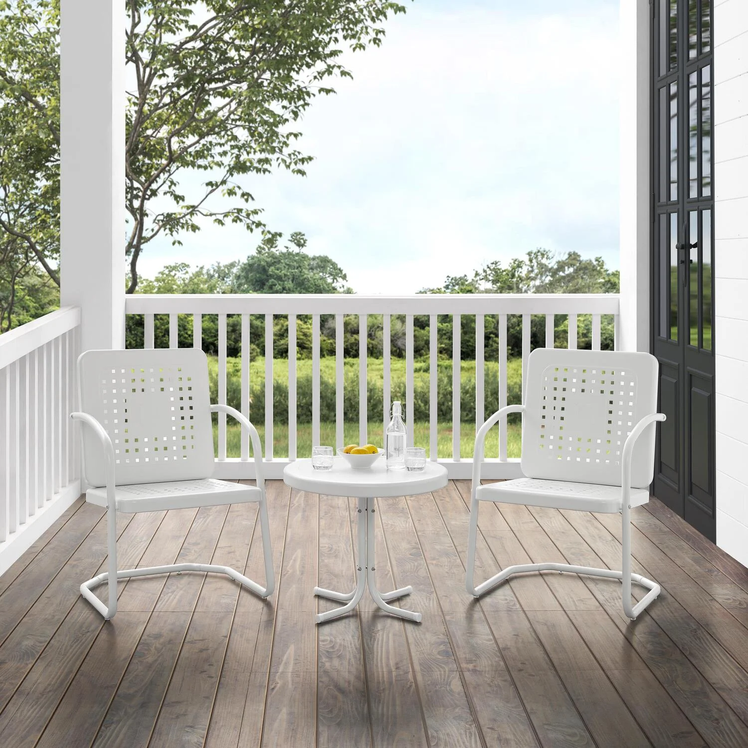 Maykoosh Contemporary Cool 3Pc Outdoor Metal Armchair Set White Gloss/White Satin - Side Table & 2 Armchairs