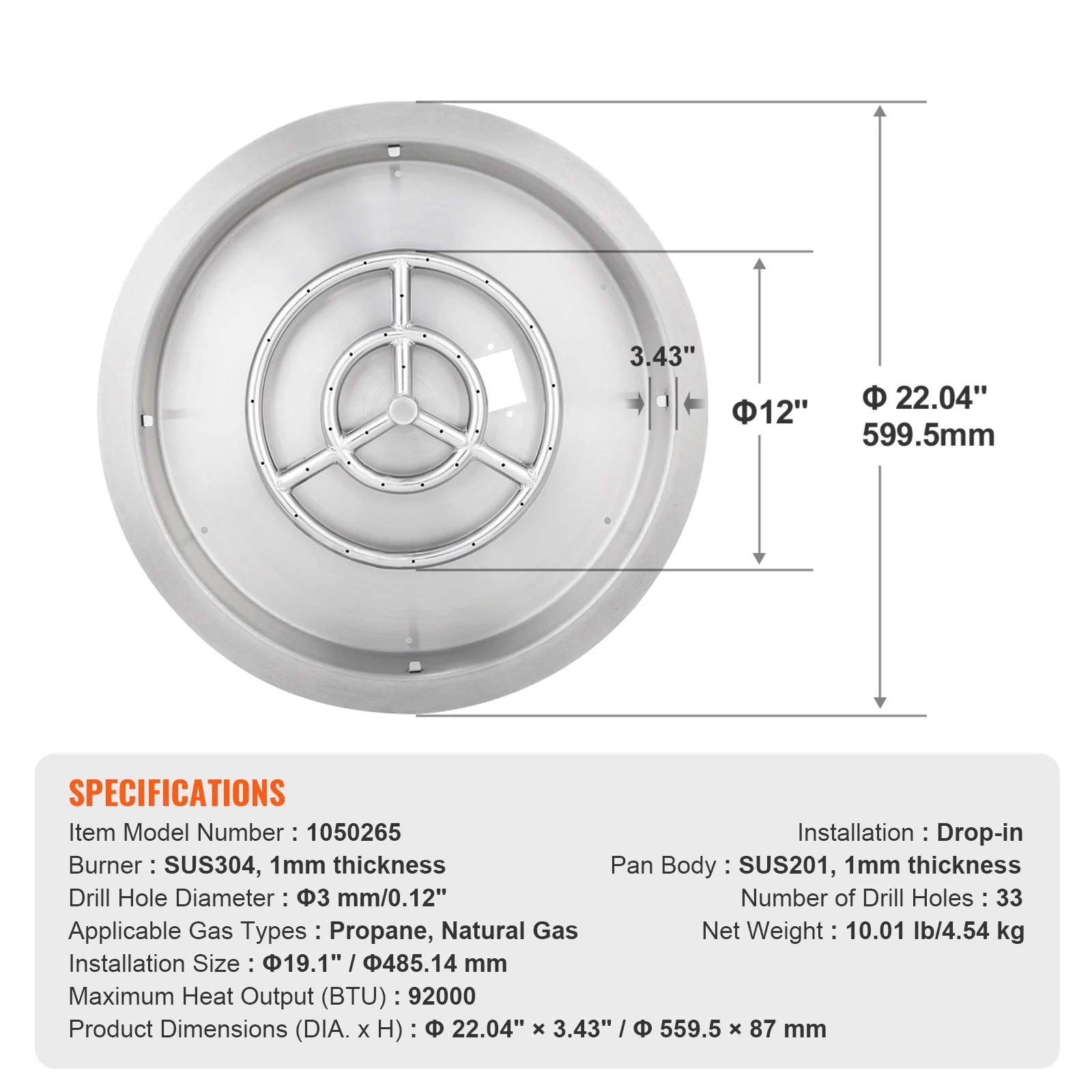 SKYSHALO Round Drop-in Fire Pit Pan Stainless Steel Fire Pit Burner 19